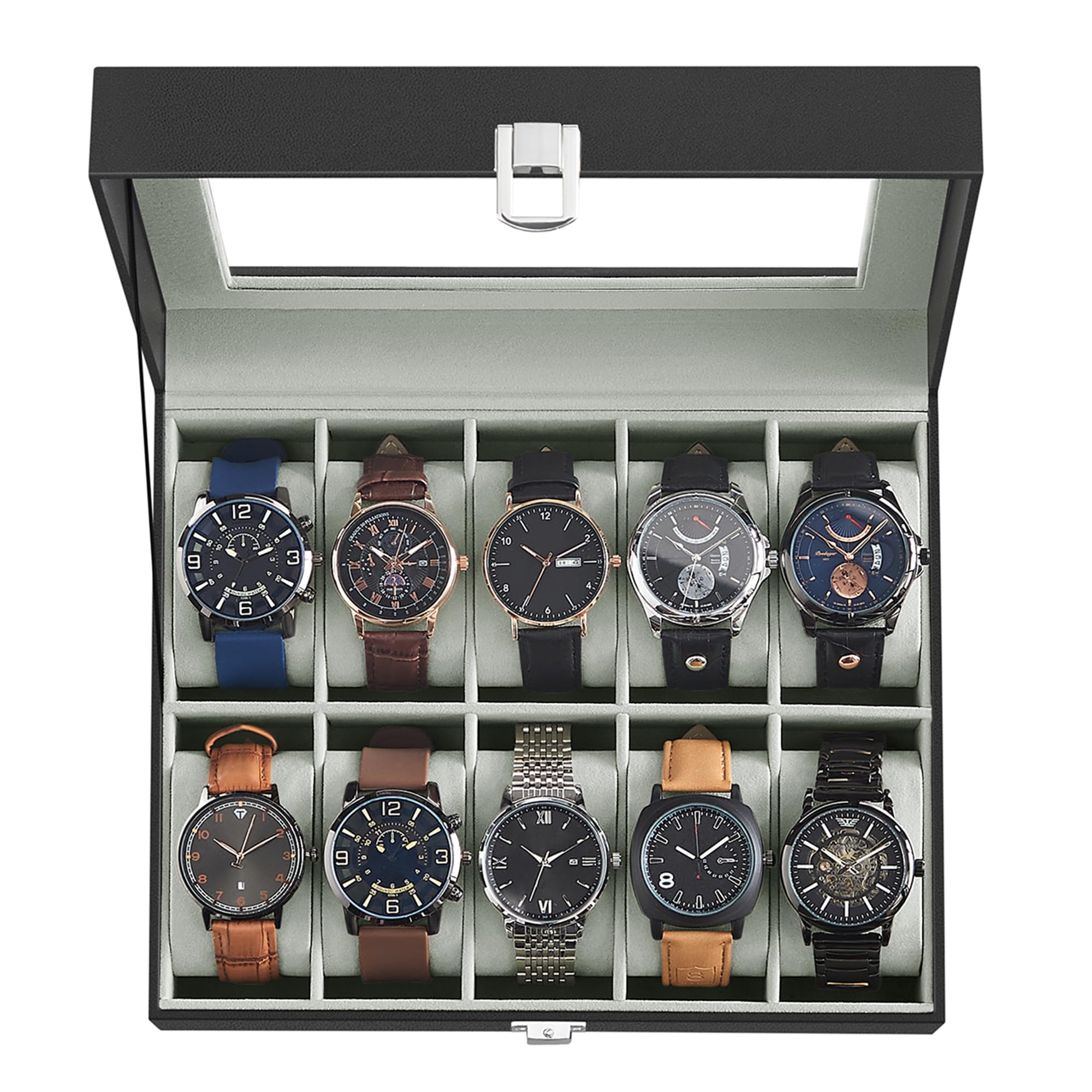 SONGMICS Watch Box, 12-Slot Watch Case Organizer with Large Glass Lid, Removable Pillows, Gift for Loved Ones, Black Synthetic Leather, Gray Lining UJWB12BK