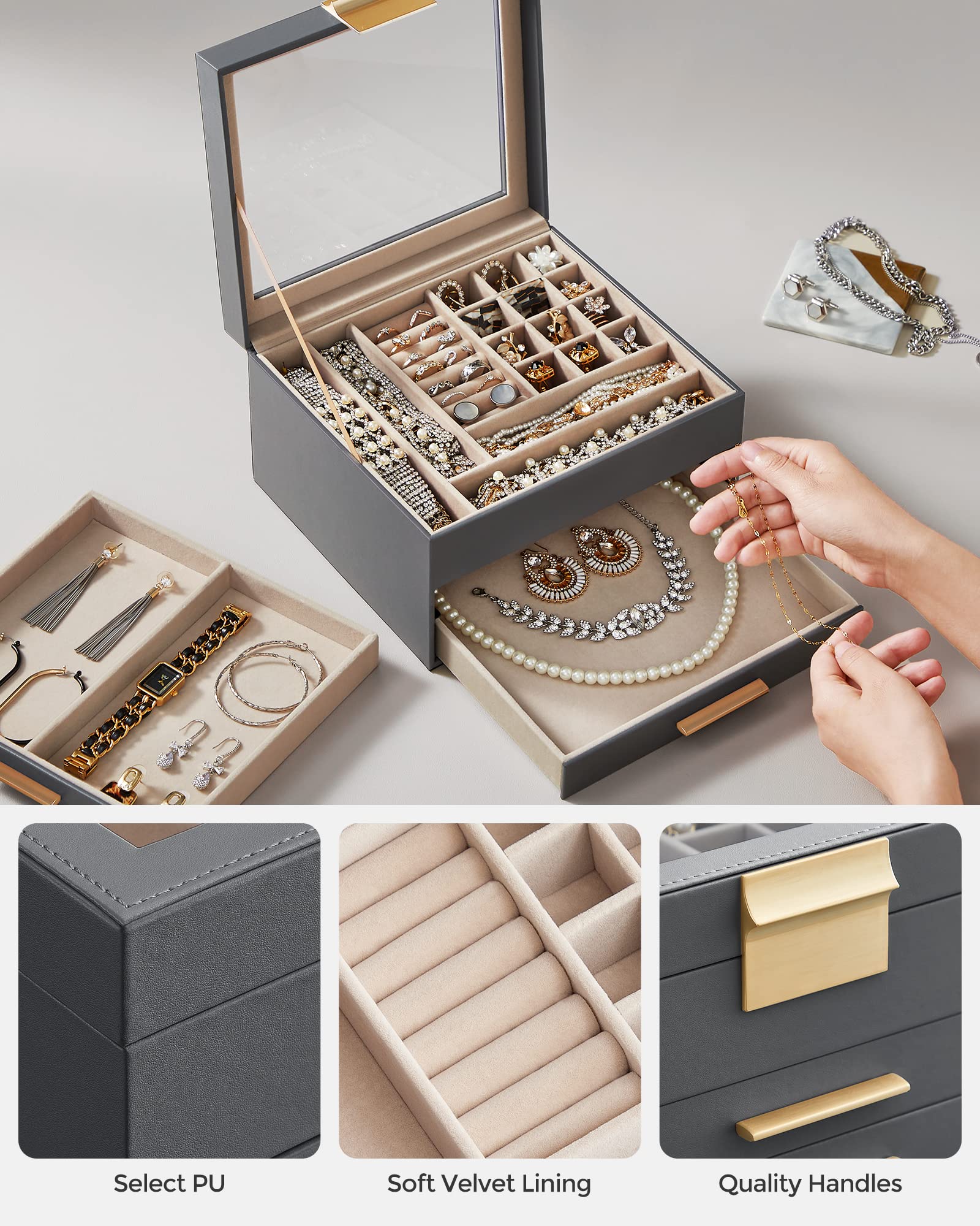 SONGMICS GISELLA Collection - Jewelry Box Organizer, 3-Layer Jewelry Storage with 2 Drawers, Shiny Metal Hardware, Glass Lid, Modern, 8 x 9.1 x 5.3 Inches, Cloud White and Gold Color UJBC239WT
