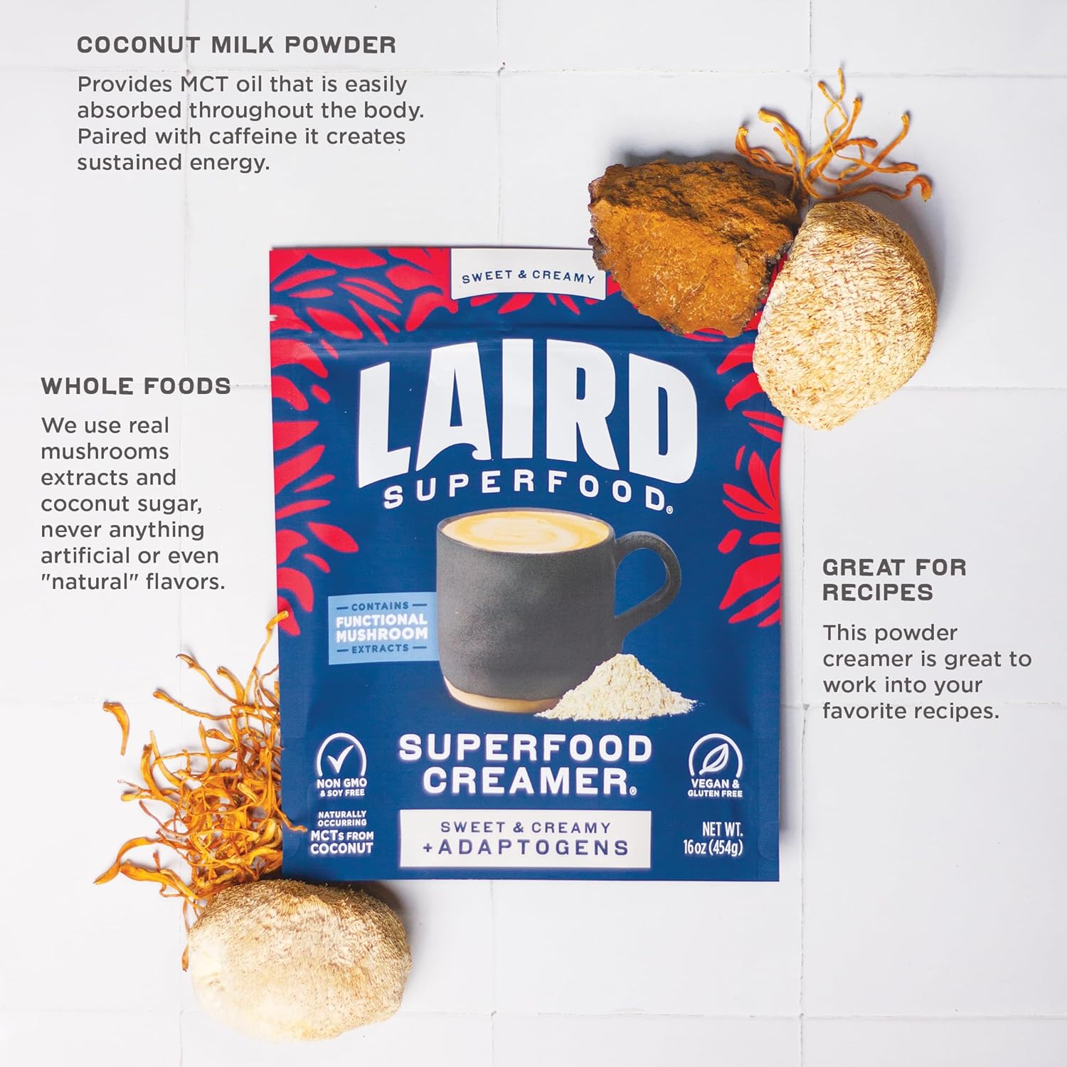 Laird Superfood Non-Dairy Coconut Powder Creamer - Sweet & Creamy + Adaptogens - Superfood Creamer with Functional Mushrooms - Non-GMO, Vegan, 8 oz. Bag, Pack of 1