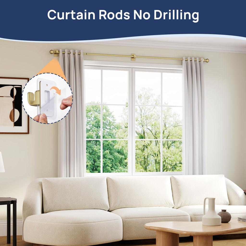 ENJOYBASICS No Drill Curtain Rods for Window 28 to 47 Inches, 5/8 Inch Diameter Renter Friendly Drapery Rod with Adhesive Brackets without Drilling, Adjustable from 27 to 52 Inches, Black