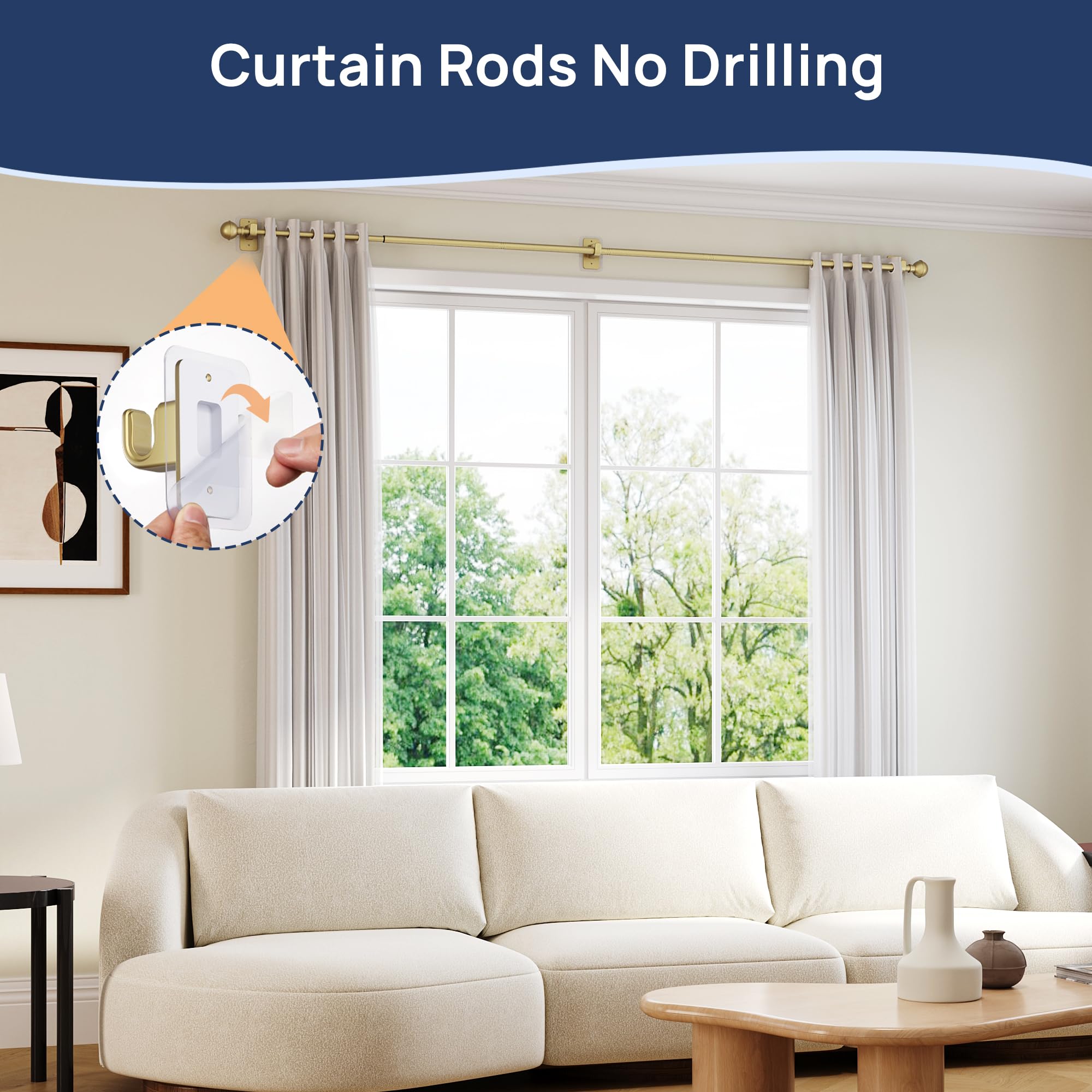 ENJOYBASICS No Drill Curtain Rods for Window 28 to 47 Inches, 5/8 Inch Diameter Renter Friendly Drapery Rod with Adhesive Brackets without Drilling, Adjustable from 27 to 52 Inches, Black