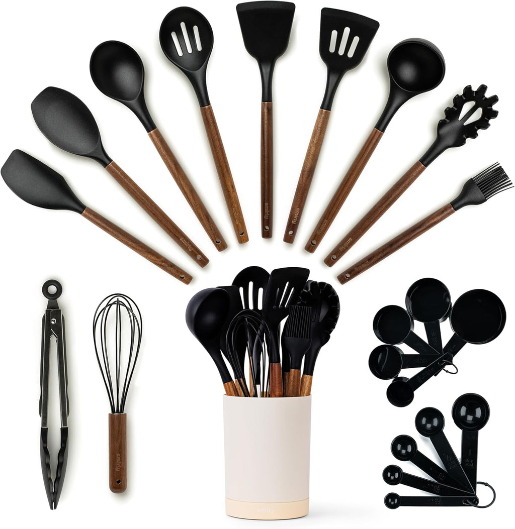 SMIRLY Kitchen Essentials Bundle: Premium Bamboo Cutting Board Set with Holder & 22-Piece Walnut Cooking Utensils Set - Ultimate Wood and Silicone Kitchen Tools for Every Culinary Need