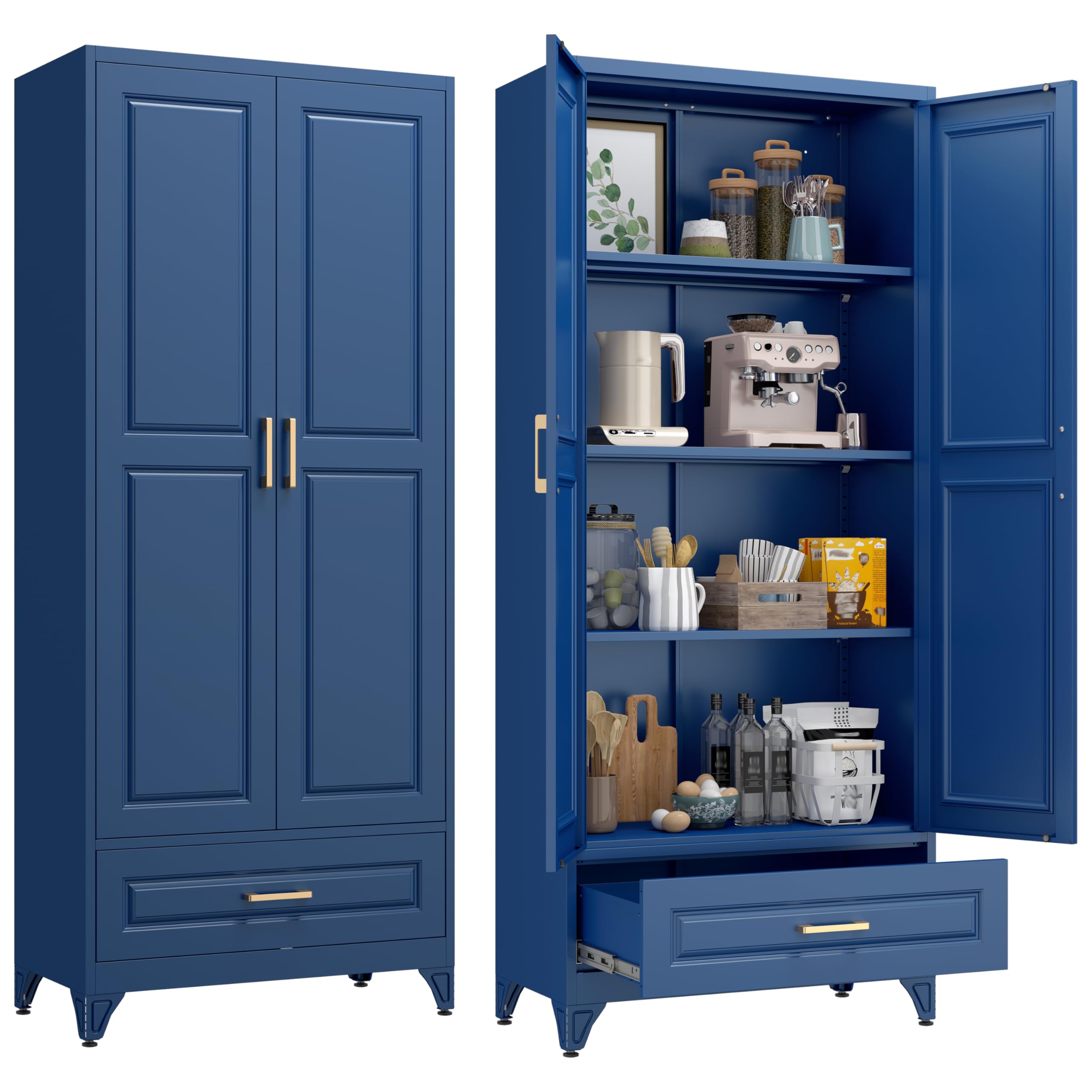 75" Tall Metal Kitchen Storage Cabinet,White Kitchen Pantry Storage Cabinet with Doors and 4 Adjustable Shelves,Utility Cabinet for Living Room,Garage,Dining Room and Office,Assemble Required