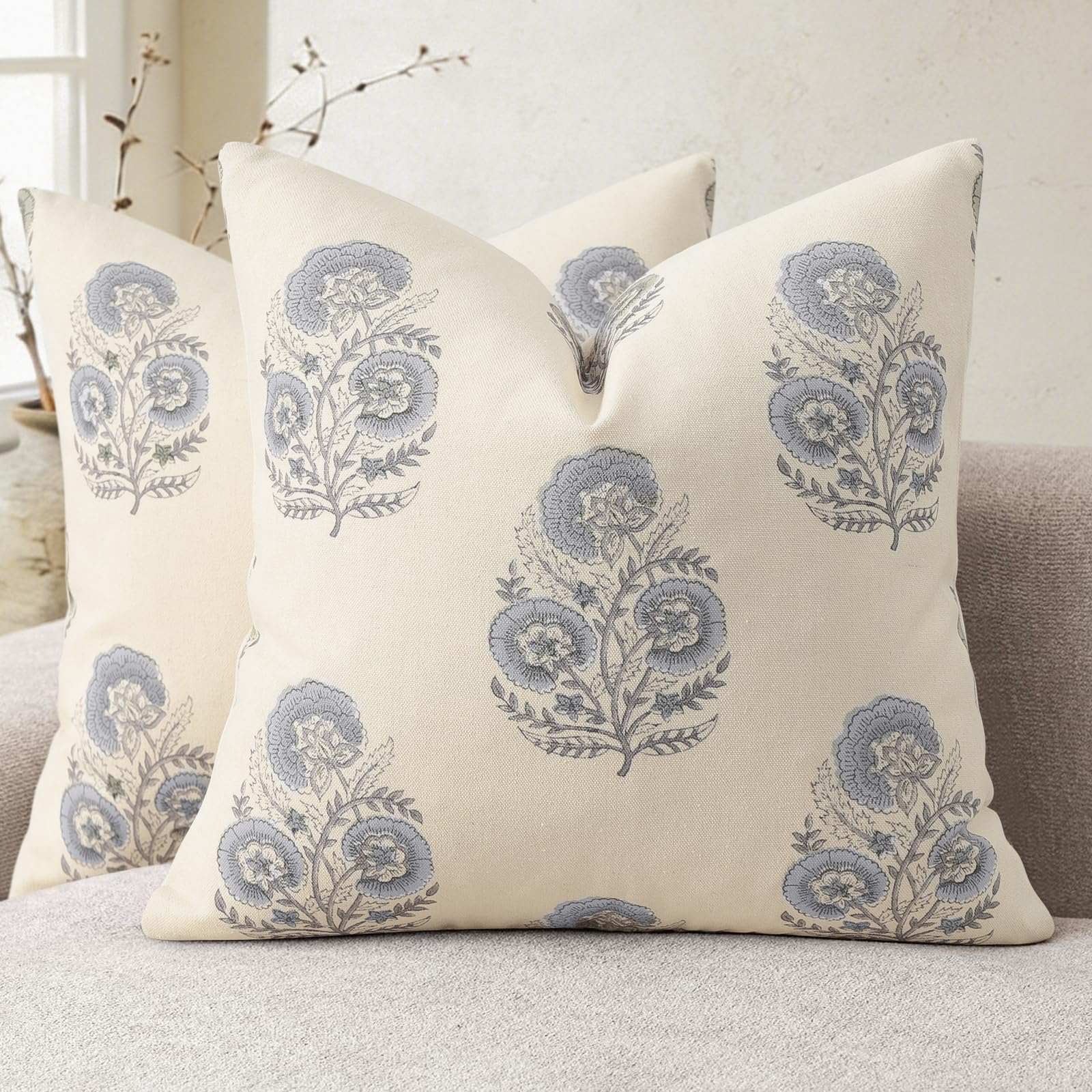 YCOLL Vintage Floral Print Pillow Covers 18x18 Set of 2 Patterned Accent Decorative Cushion Covers Modern Farmhouse Throw Pillow Covers for Sofa Couch Chair Bed Living Room Home Decor, Light Blue