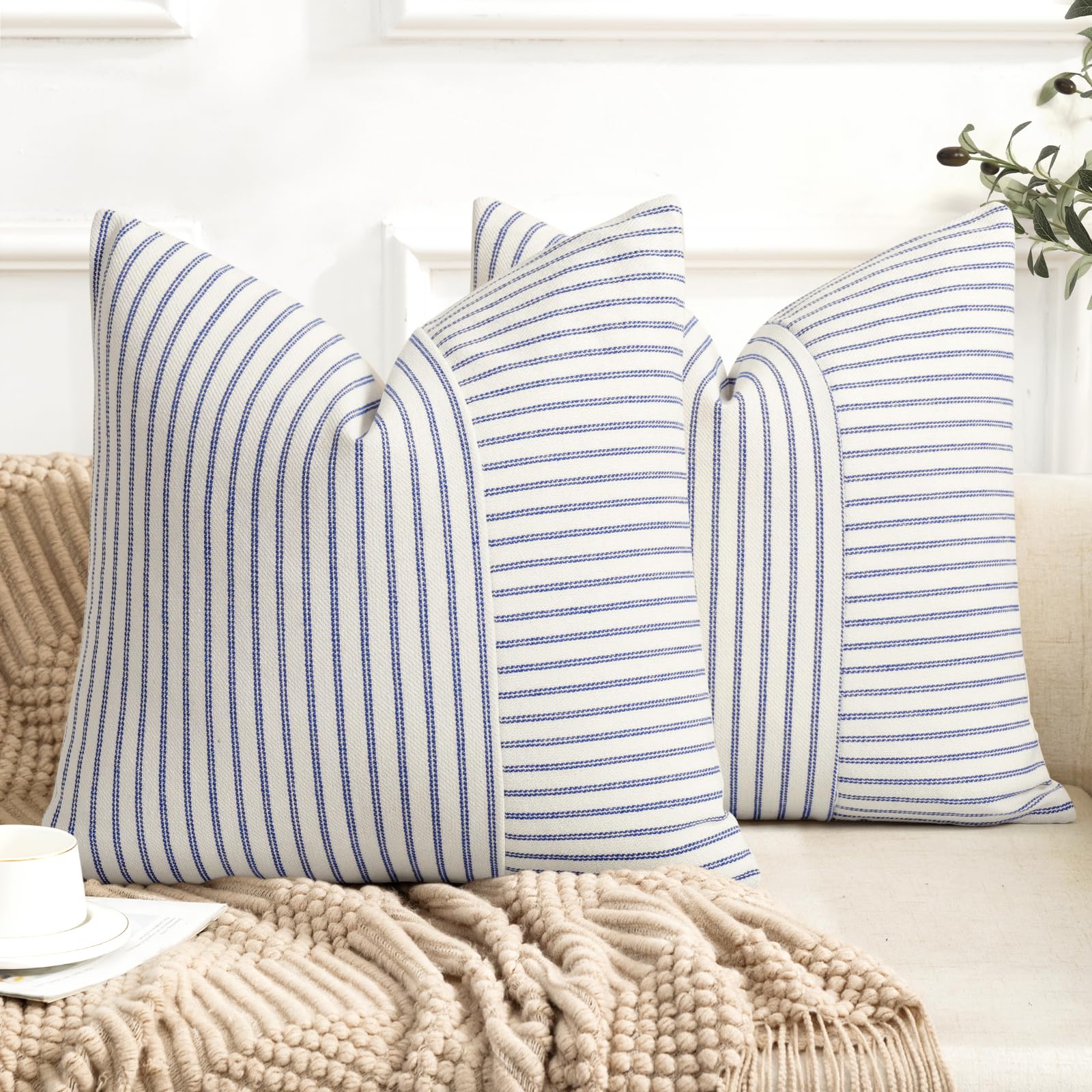 YCOLL Farmhouse Pillow Covers 18x18, Modern Accent Square Throw Pillow Covers Set of 2, Gray and Beige Striped Patchwork Linen Decorative Pillows Cushion Covers for Couch Chair Bedroom Home Decor