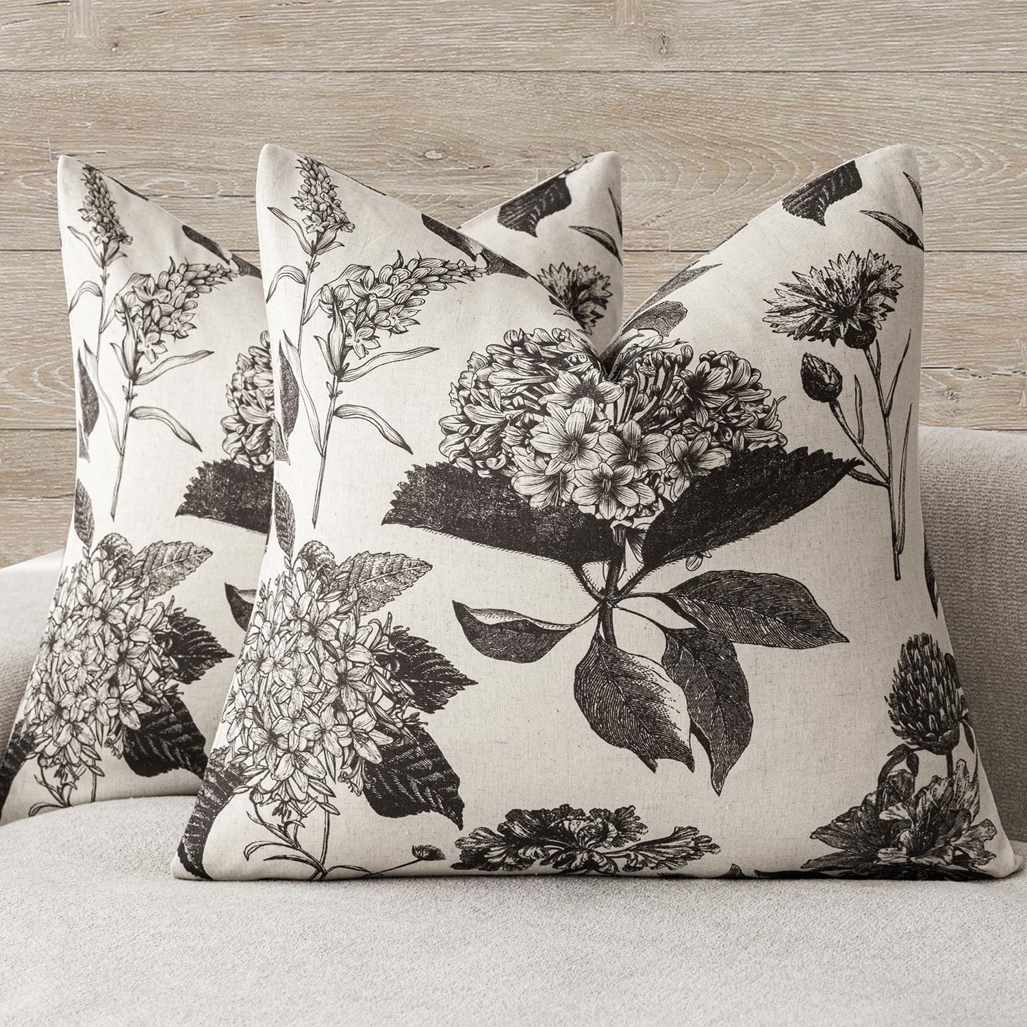 Foindtower Set of 2 Linen Floral Vintage Throw Pillow Covers Neutral Accent Print Decorative Cushion Covers Farmhouse Boho Home Decor for Sofa Chair Couch Bedroom Living Room,18×18 Inch,Blue