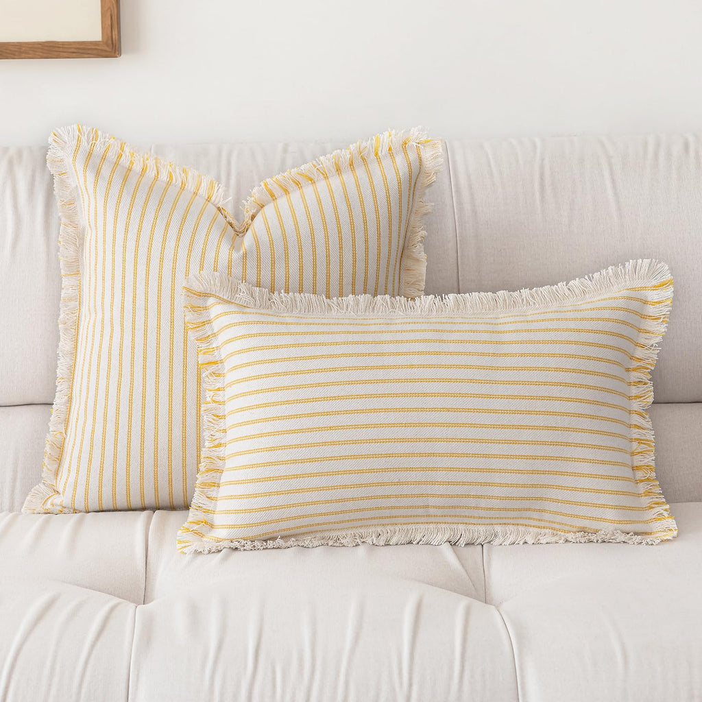 YEENAASY Throw Pillow Covers 20x20 Set of 2 Striped Fringe Pillow Cover Farmhouse Cushion Covers with Tassel Neutral Boho Pillows Decorative Square Pillowcase for Couch Sofa Bed, Black