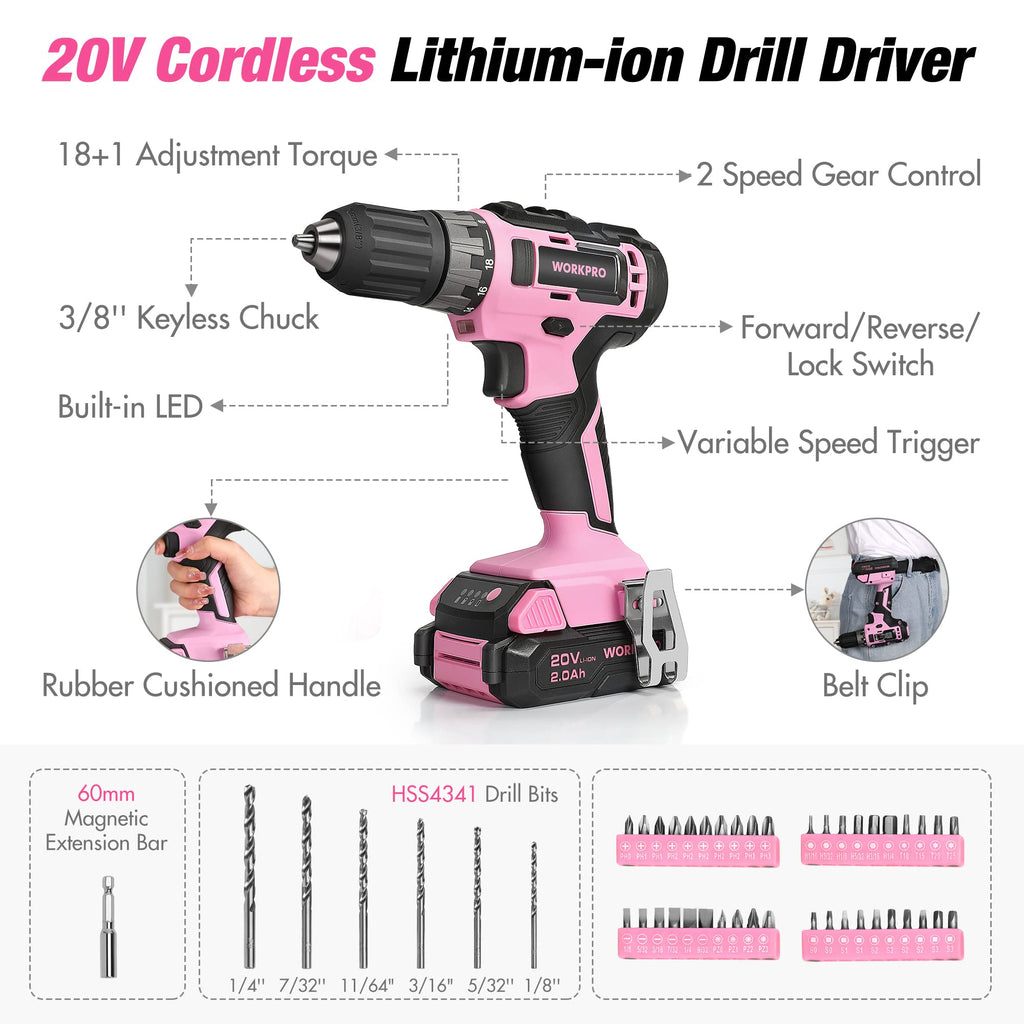 WORKPRO Home Tool Set with 20V Cordless Lithium-Ion Drill Driver, Household Repairing Tool Kit with Drill, 157PCS Power Drill Sets, 14-Inch Wide Mouth Storage Tool Bag, Green