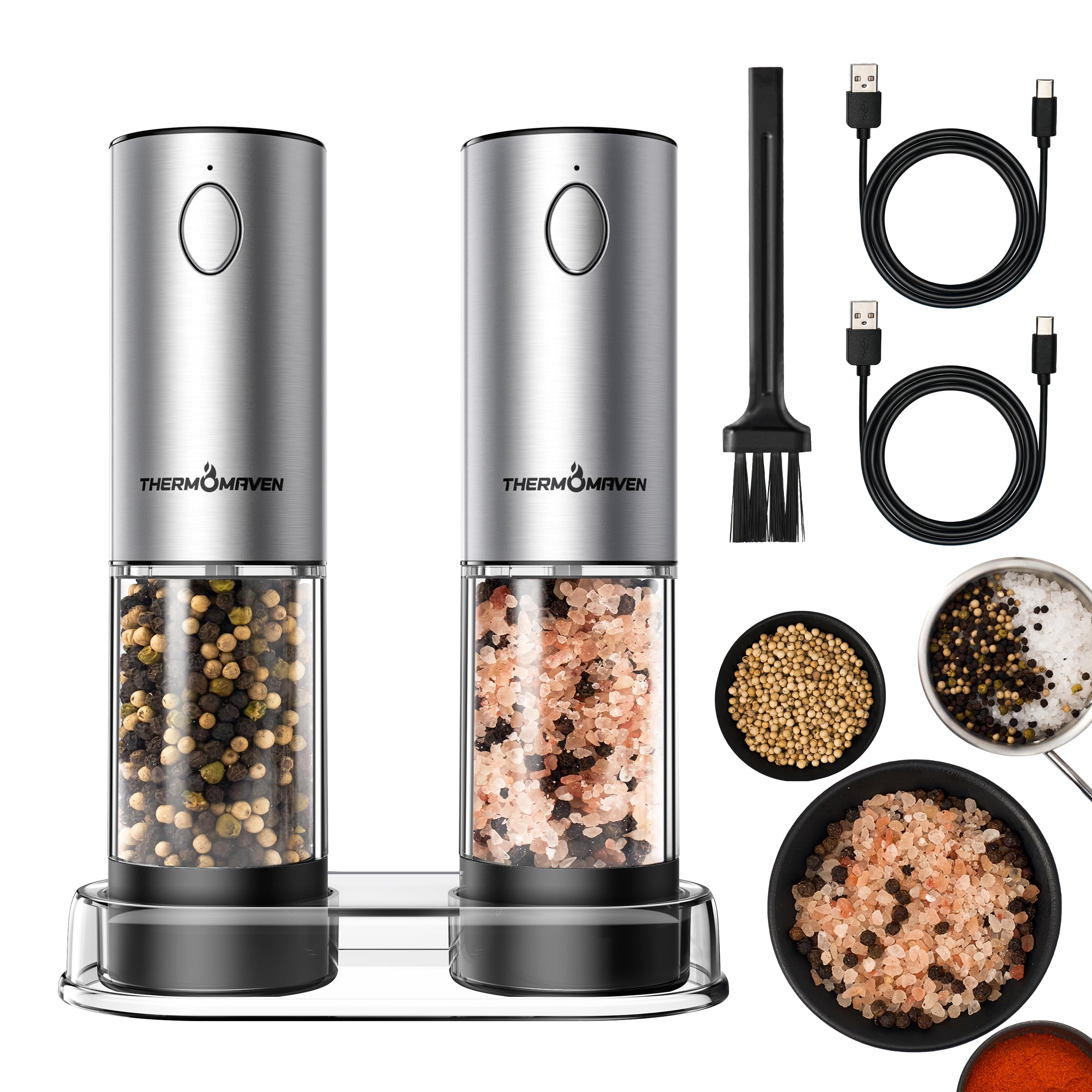 ThermoMaven Upgraded Larger Capacity Electric Salt and Pepper Grinder Set, 110ml Rechargeable Salt and Pepper Shaker with LED Light, Stainless Steel Automatic Pepper Mill with 6 Adjustable Coarseness