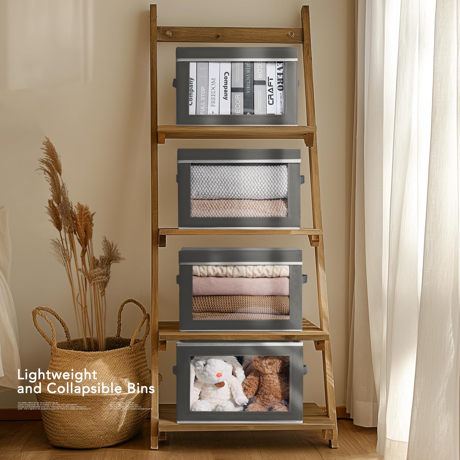 Homsorout Storage Bins with Lids - Fabric Closet Storage Bins with Window, Collapsible Baskets for Shelves 4 Pack, Home Decorative Boxes for Clothes, Closet, Office, Grey