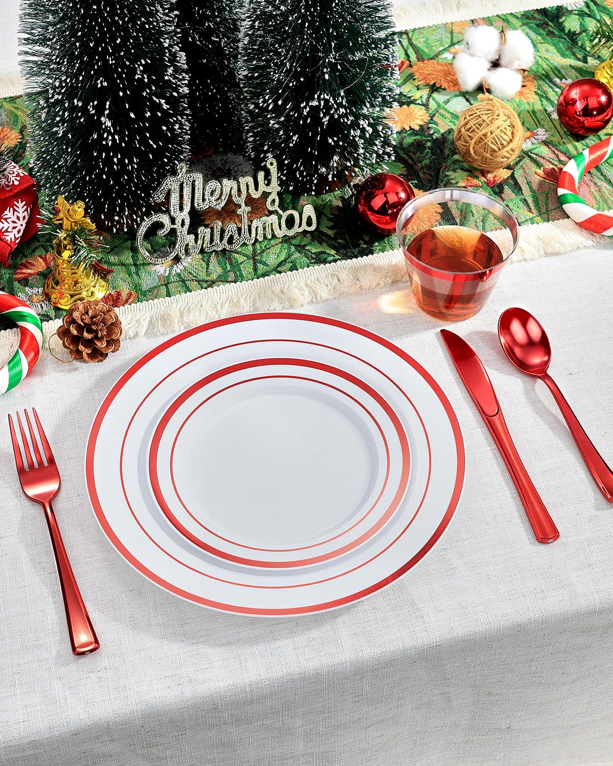 Goodluck 350 Piece Silver Plastic Dinnerware Set for 50 Guests, Fancy Disposable Plates for Party, Include: 50 Dinner Plates, 50 Dessert Plates, 50 Pre Rolled Napkins with Silver Silverware, 50 Cups
