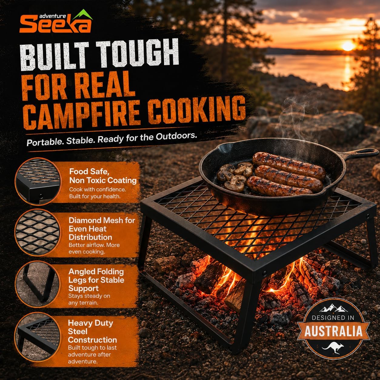 Adventure Seeka Folding Campfire Grill – Portable Over-Fire Grill with Food-Safe Coating, Heavy Duty Steel, Compact with Folding Legs - Camping, RV, Overlanding, Fire Pits