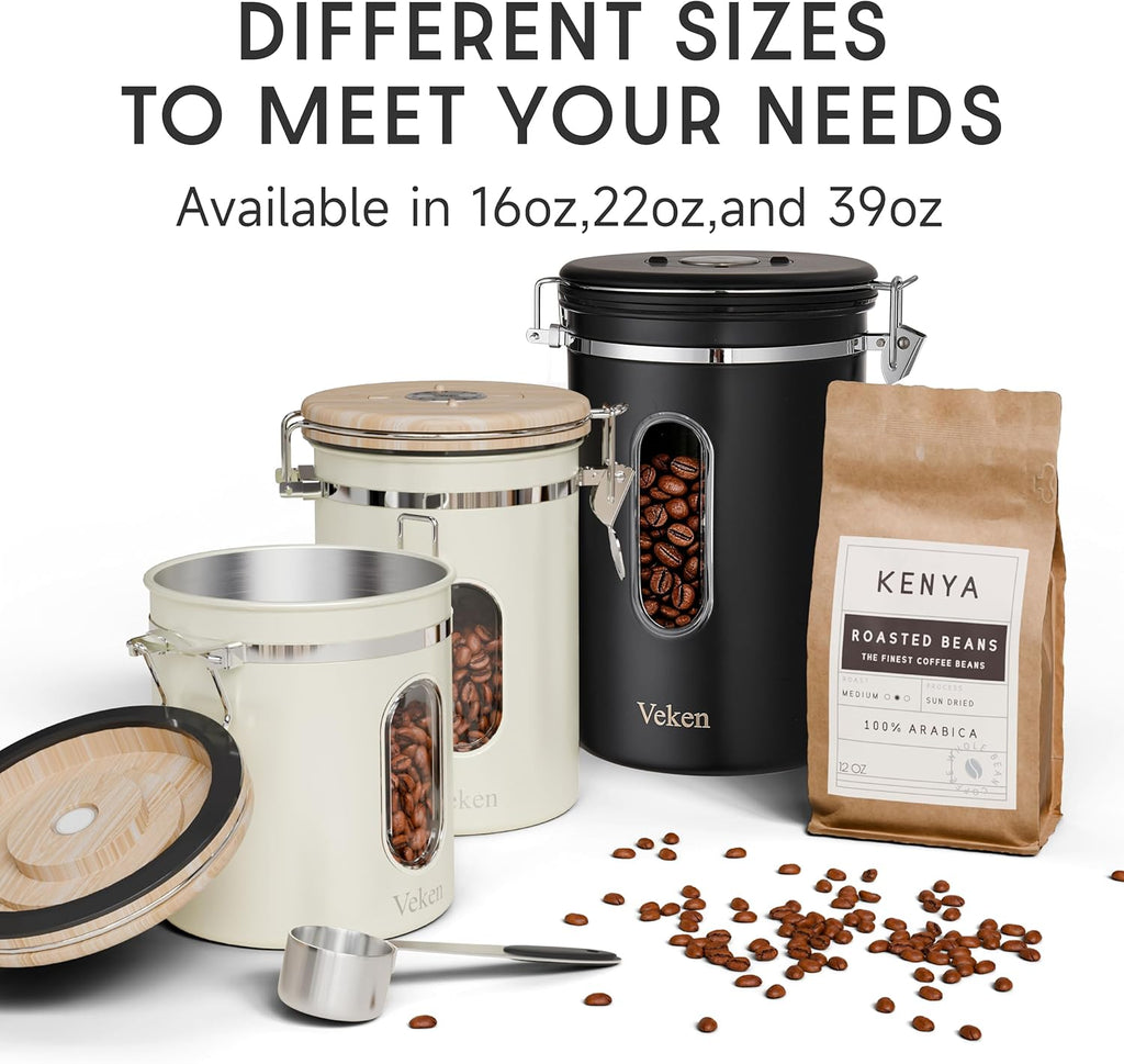 Veken Coffee Canister with Window,Airtight Stainless Steel Kitchen Food Storage Container, Date Tracker & Scoop for Grounds Coffee, Beans, Tea,Flour,Cereal,Sugar,22OZ,Copper