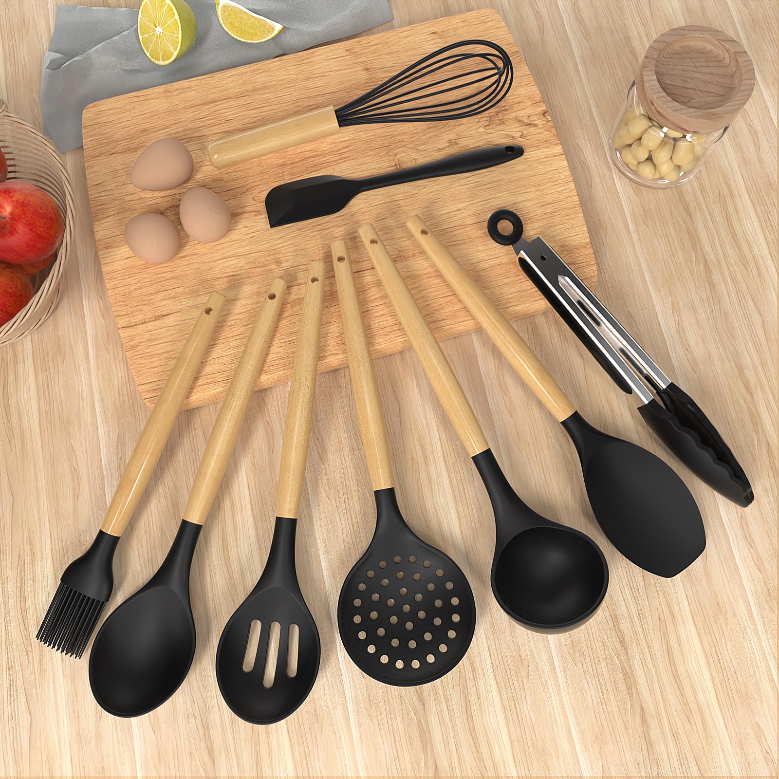 oannao Silicone Cooking Utensils Kitchen Utensil Set - 446°F Heat Resistant Silicone Kitchen Utensils Set, Spatula,Turner Tongs, Spoon, Whisk,Kitchen Gadgets for Nonstick Cookware, BPA Free (Gray)