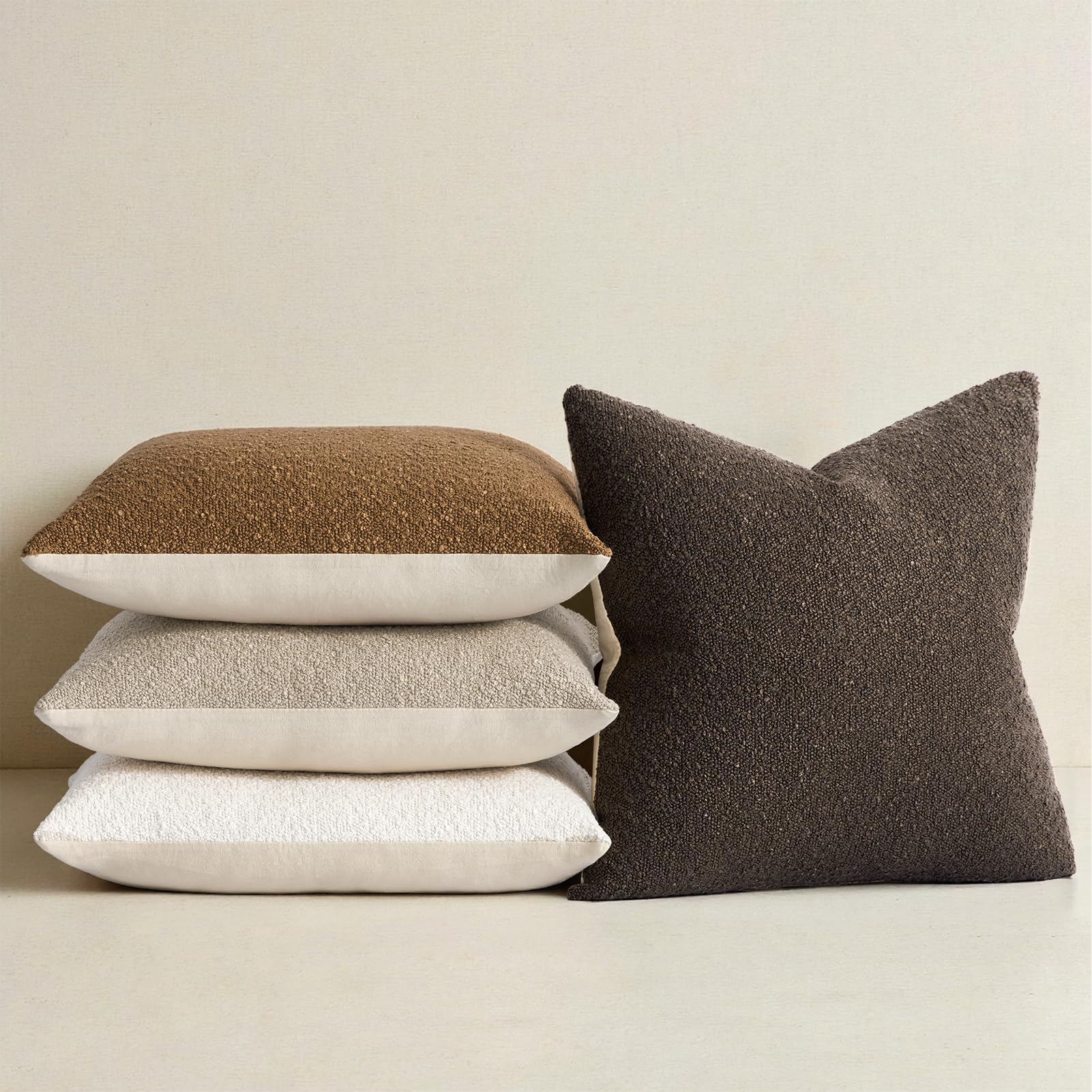 Topfinel Boucle Decorative Pillow Covers 18x18 Inches Set of 4 Neutral Cream Ivory White Pillowcase with Linen Cotton Back Chair Sofa Modern & Minimal Living Room Spring Home Decor