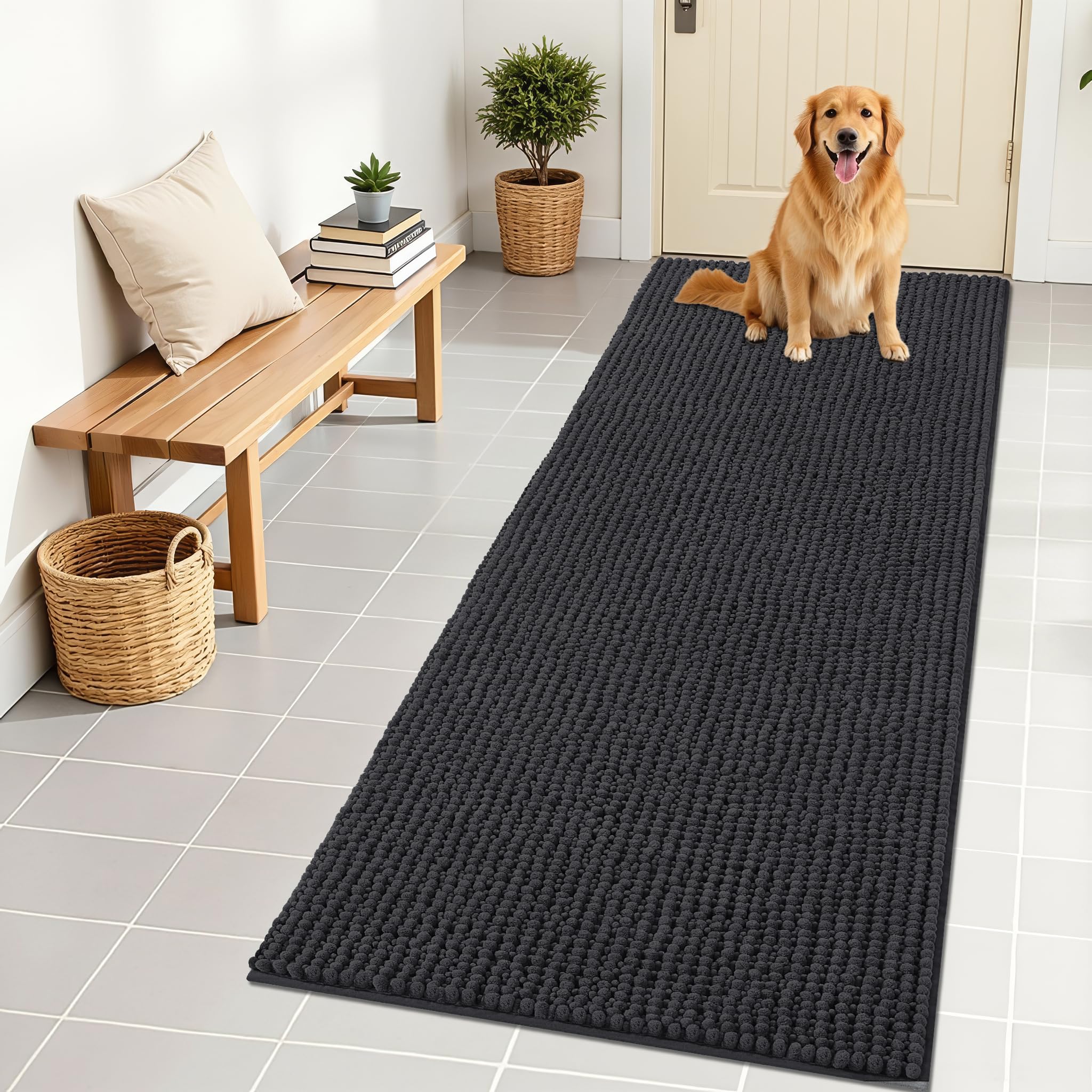 OLANLY Dog Door Mat for Muddy Paws 30x20, Ultra Absorbent Chenille Mud Doormat, Non-Slip Washable and Dirt Trapping Doormat for Indoor Entryway, Quick-Dry Indoor Pet Bed Mats for Dogs, Grey