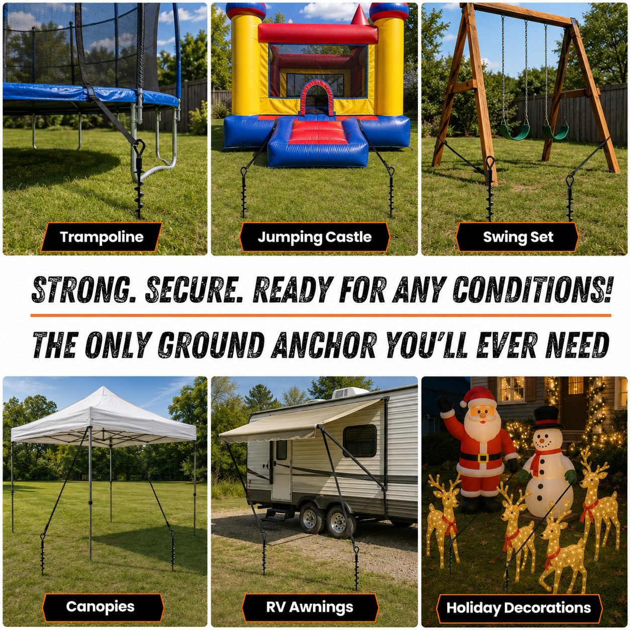 Ground Anchors Screw in Heavy Duty - 4 Pack with Power Nut Driver Drill Bit, Spiral Ground Stakes, Swing Set Anchors, Trampoline Tie Down Kit, High Wind Tent Stakes for Canopy, Car Port, RV Awning