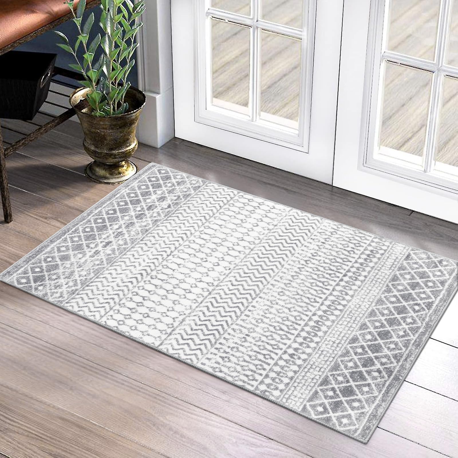Moroccan Washable Rugs, 2x3 Light Grey Rug Non-Slip Small Distressed Entryway Rugs, Soft Low-Pile Bedroom Rug Indoor Doormat Carpet for Entryway Kitchen Bathroom