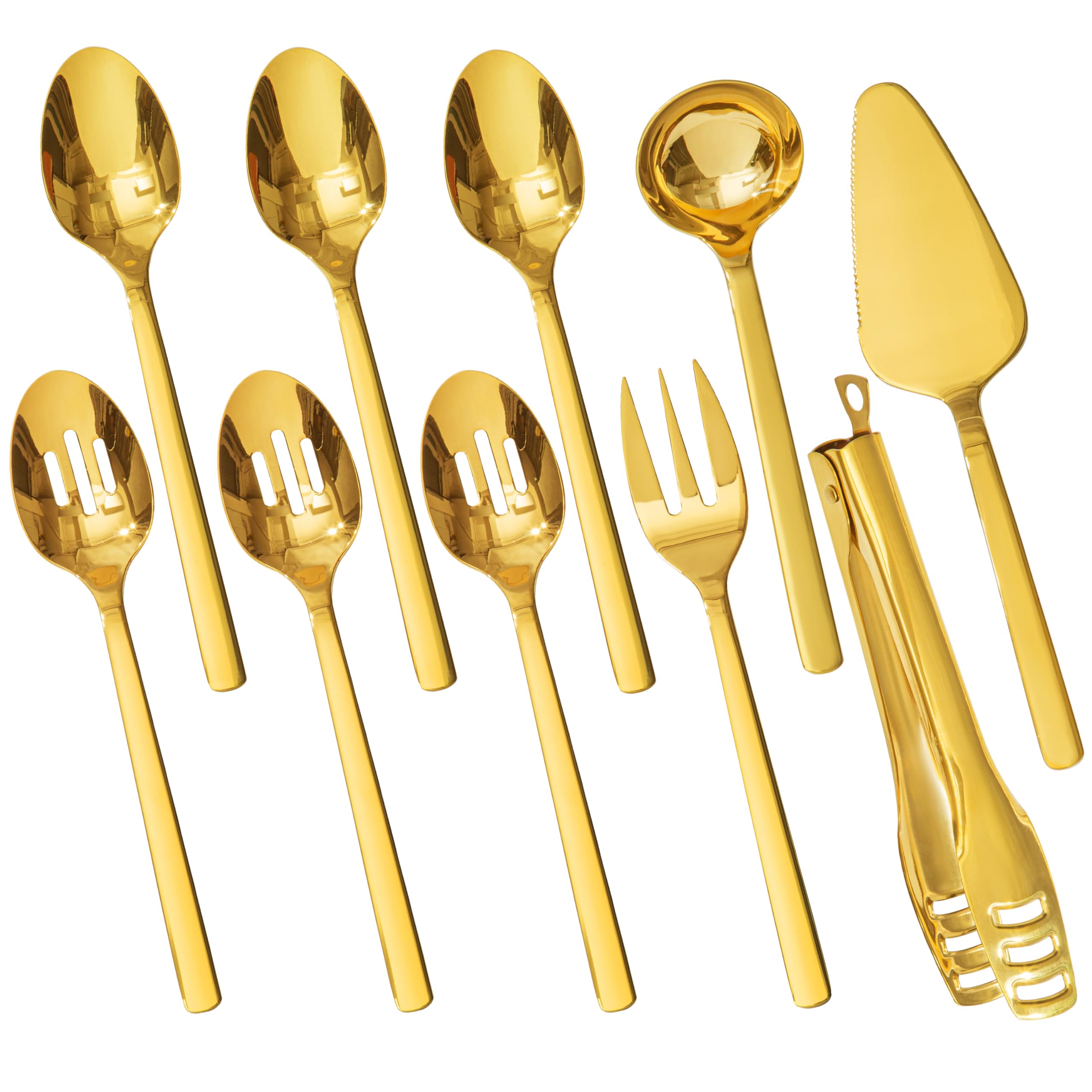 KINGSTONE Large Hostess Serving Utensils Set, 18/10 Stainless Steel Heavy Duty 10-inch Serving Utensils, Slotted Spoons, Forks, Tongs, Cake Pie Server for Buffet, Wedding, Party