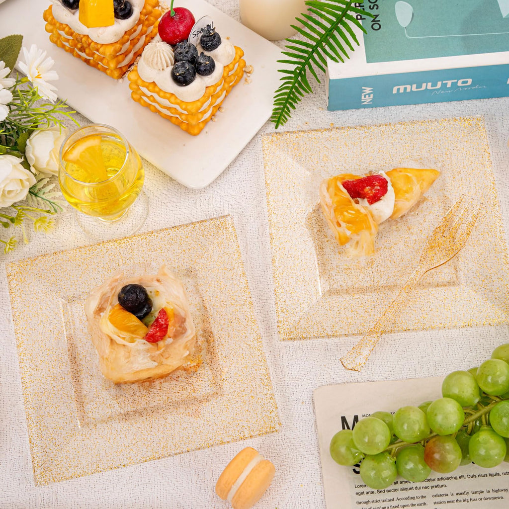 DaYammi 200Pcs Gold Dessert Plates Including 100Pcs Appetizer Plates 6",100Pcs Plastic Forks 5.7",Gold Glitter Plastic Square Plate for Party,Gold Salad Plate and Cake Forks for Party Wedding