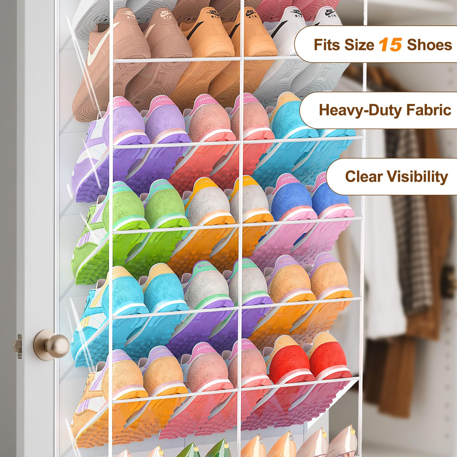 UVIAHOMI 20-30 Pairs Over the Door Shoe Organizer, Clear Pockets Hanging Shoe Storage for Closet, 10-Tier Door Shoes Rack, Handing Shoes Holder Fit All the Family's Sneakers, Boots, Heels, Black