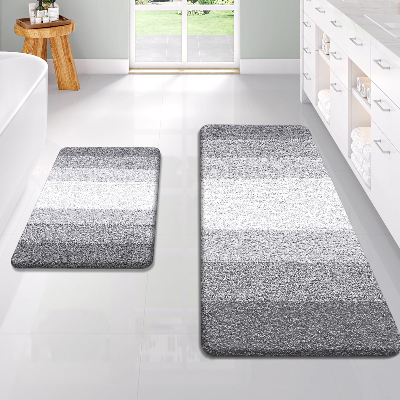 OLANLY Bathroom Rug Set 2 Piece, Soft Absorbent Microfiber Bath Mats and U-Shaped Contour Toilet Rug, Non-Slip, Machine Wash Dry, Plush Shaggy Bath Mats for Bathroom (24"x16"+24"x20", Grey)