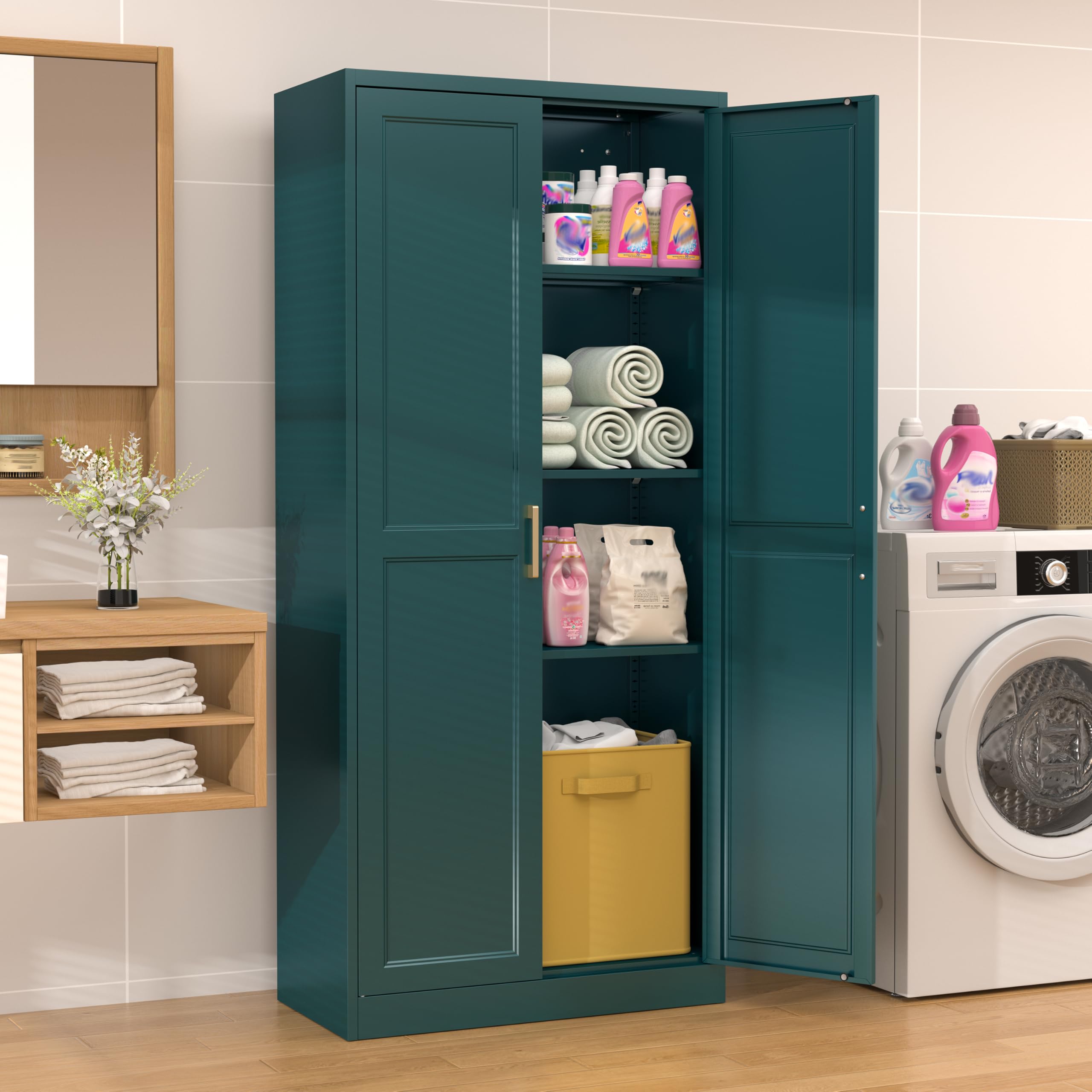 75" Tall Metal Kitchen Storage Cabinet,White Kitchen Pantry Storage Cabinet with Doors and 4 Adjustable Shelves,Utility Cabinet for Living Room,Garage,Dining Room and Office,Assemble Required