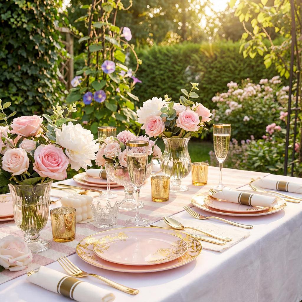 DaYammi 210Pcs White Gold Plastic Plates for Party,Gold Disposable Dinnerware Set Includes 60 gold Floral Plates,30 Plastic Silverware,30 Per Rolled Napkins,30 Cups for Mother's Day Party Wedding