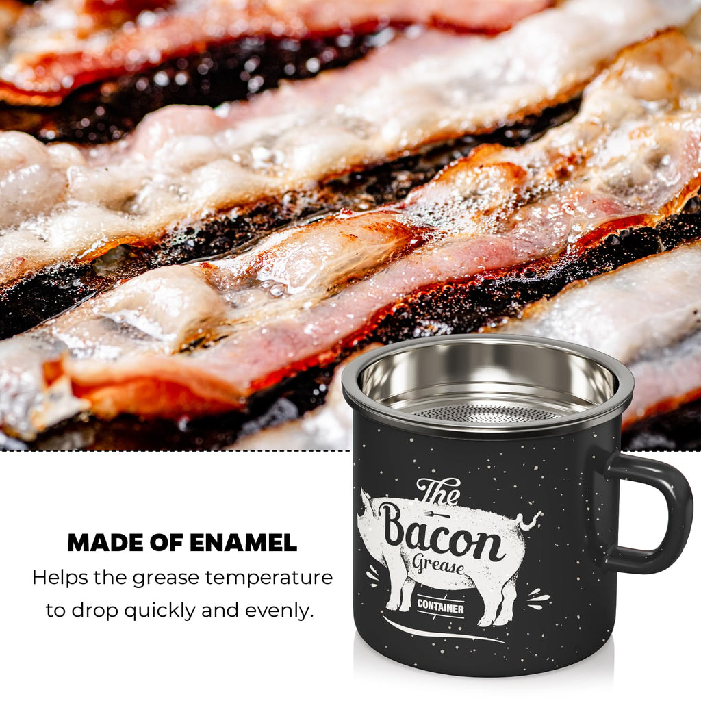 PGYARD Mini Bacon Grease Container With Strainer - 15OZ Enamel Grease Saver, Farmhouse Bacon Grease Keeper For Kitchen Fat Storage, Dishwasher Safe-Red