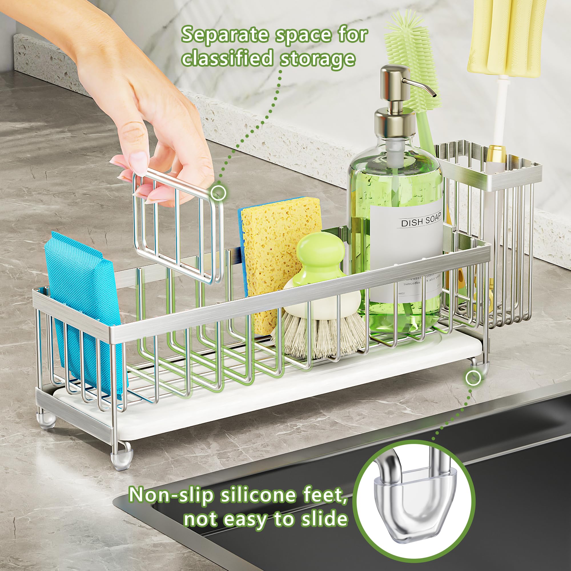 Cisily Extra Large Sink Caddy Organizer with Drying Stone, Black Sponge Holder for Kitchen, Dish Brush Holder for Countertop, Kitchen Decor Storage and Essentials