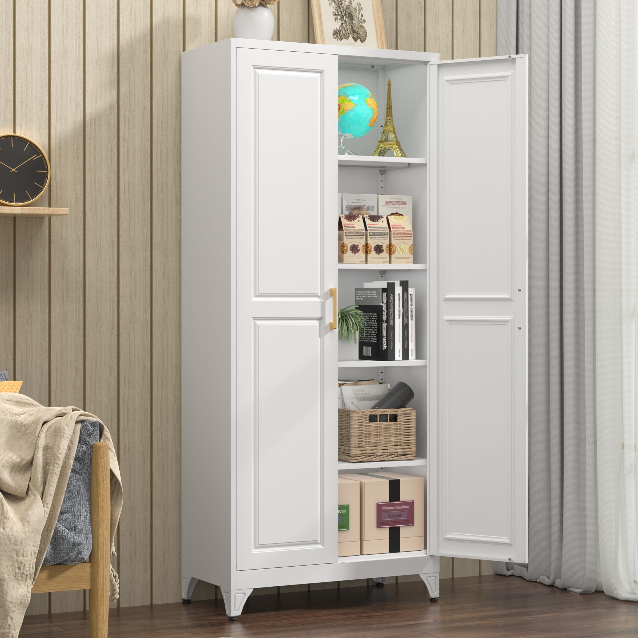 Polup White Kitchen Pantry Cabinet, 71 Inch Tall Metal Storage Cabinet with Doors and Shelves, Pantry Cabinets for Kitchen Storage, Freestanding Cupboard for Living, Dining Room, Assemble Required