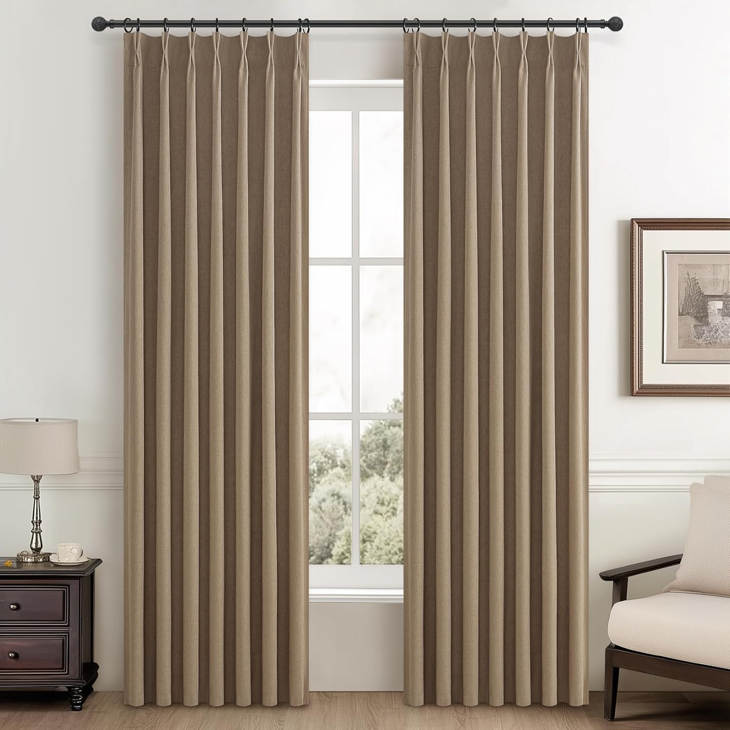 Natural Linen Pinch Pleated Blackout Curtains & Drapes 96 Inch Long Bedroom/Livingroom Farmhouse Curtains 2 Panel Sets, Neutral Track Room Darkening Thermal Insulated 8ft Back Tab Window Curtain