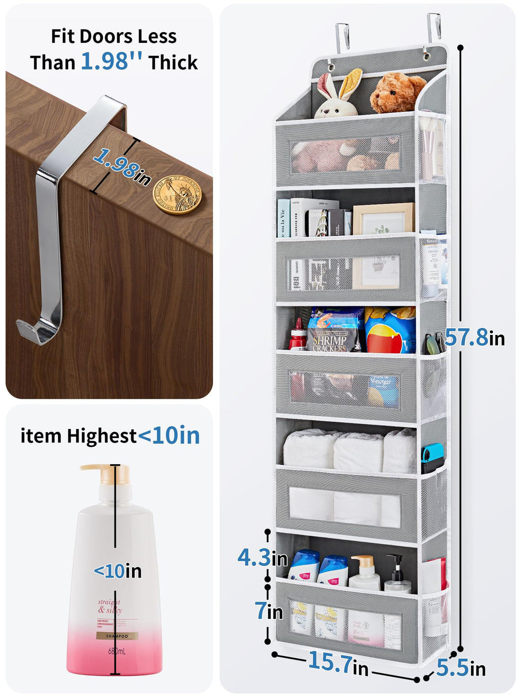 JARLINK Over The Door Organizer Storage, 5 Shelf Hanging Door Organizer with 5 Large Capacity Pockets, Anti Tilt 44 lb Load Behind Door Storage for Bedroom, Bathroom, Pantry, Nursery, (Grey)