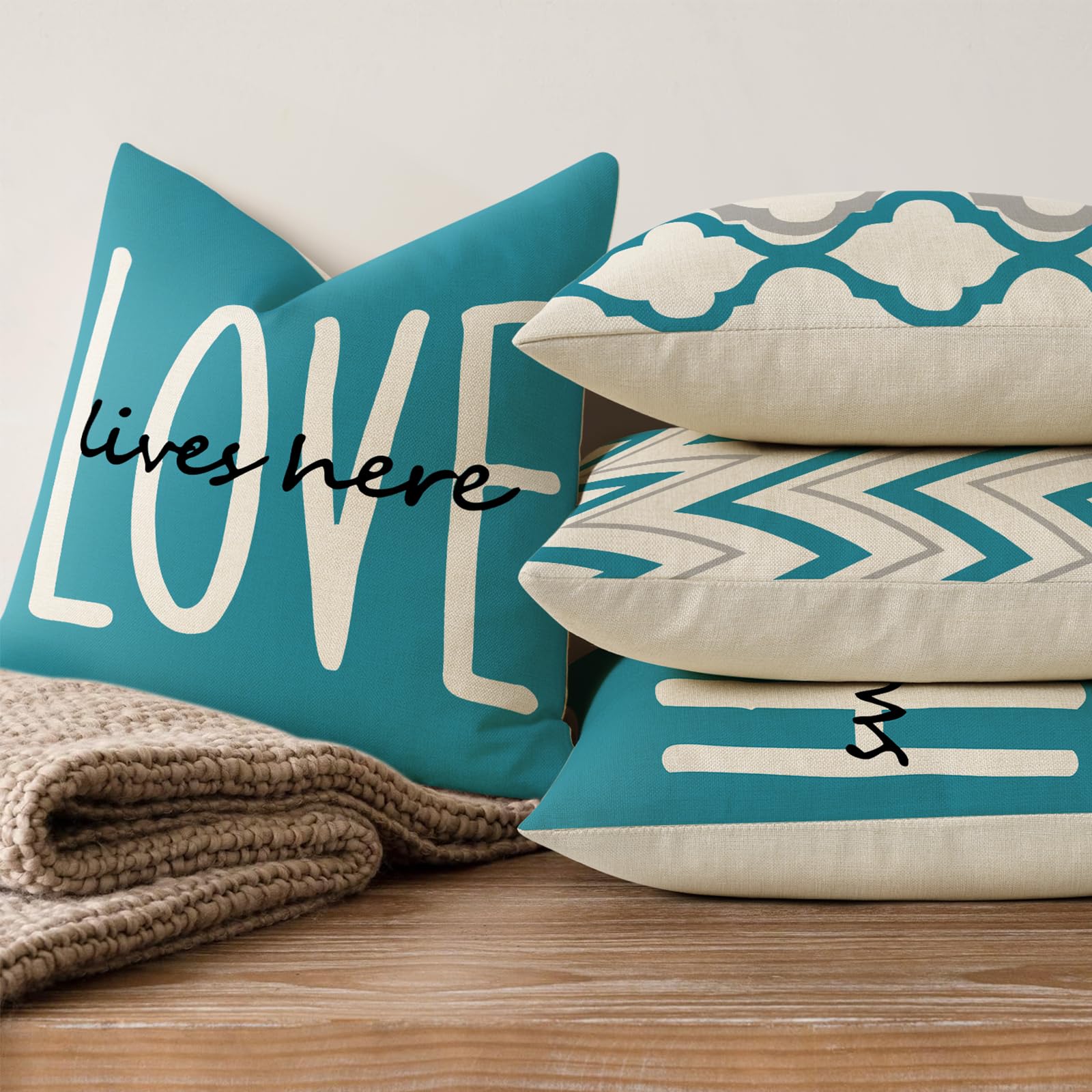 YCOLL Farmhouse Pillow Covers 18x18 Set of 4 Throw Pillow Covers Rustic Linen Decorative Pillows Square Cushion Covers for Couch Sofa Bedroom Home Decor