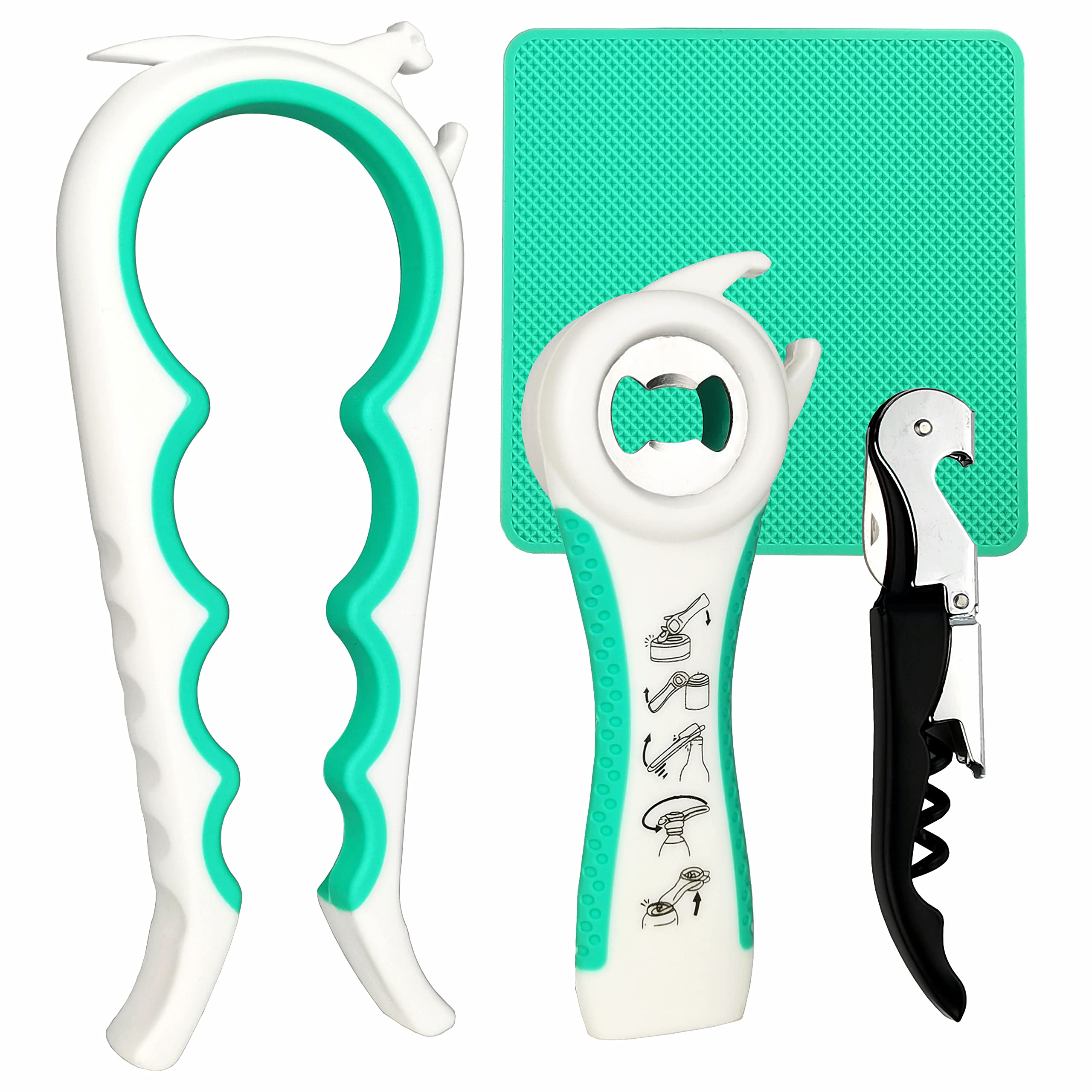 Otstar 6-in-1 Jar Opener & Bottle Opener Set for Weak Hands - Multi-Function Kitchen Opener Tool for Seniors with Arthritis, Elderly - Includes Jar Lid Gripper Pad, Corkscrew Opener
