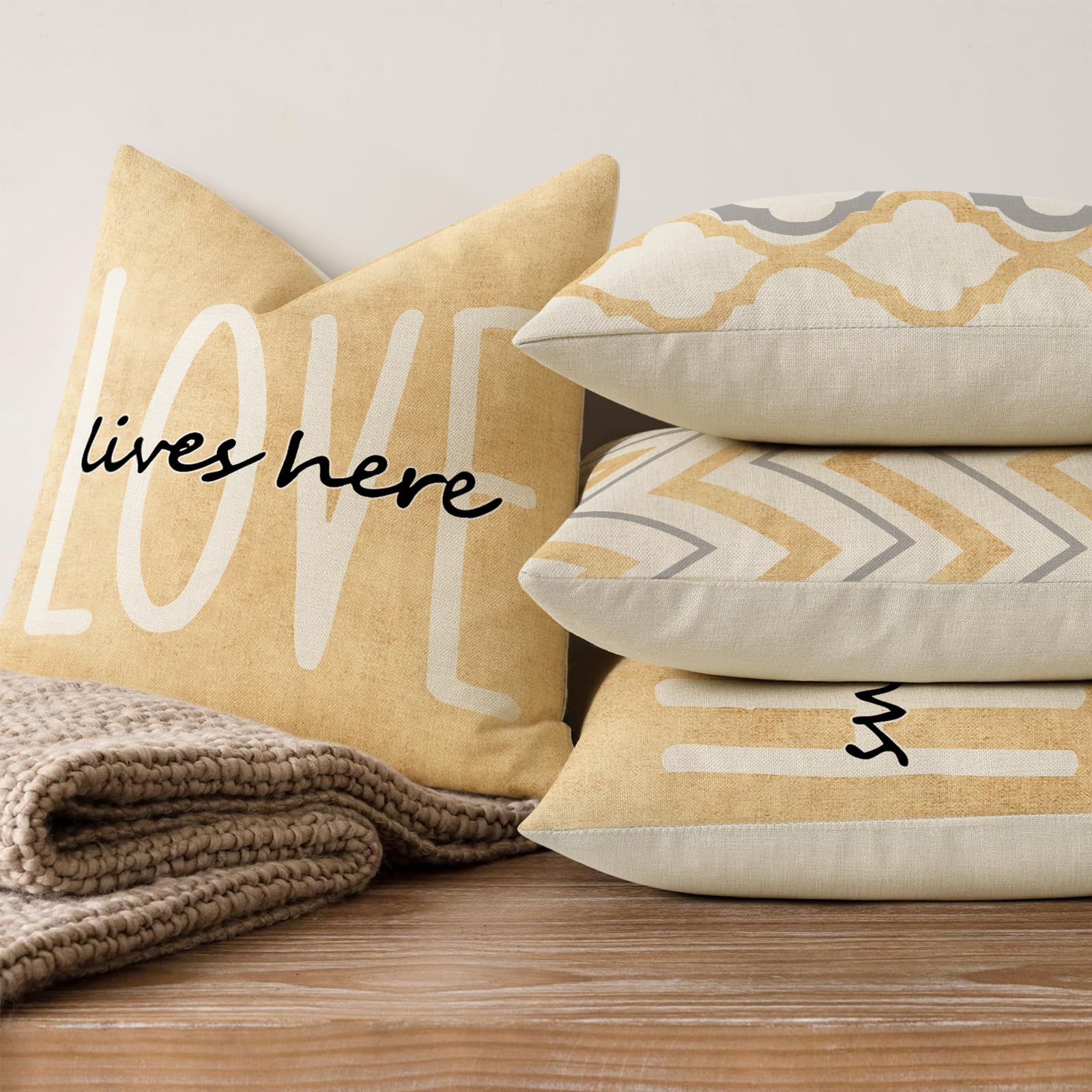 YCOLL Farmhouse Pillow Covers 18x18 Set of 4 Throw Pillow Covers Rustic Linen Decorative Pillows Square Cushion Covers for Couch Sofa Bedroom Home Decor