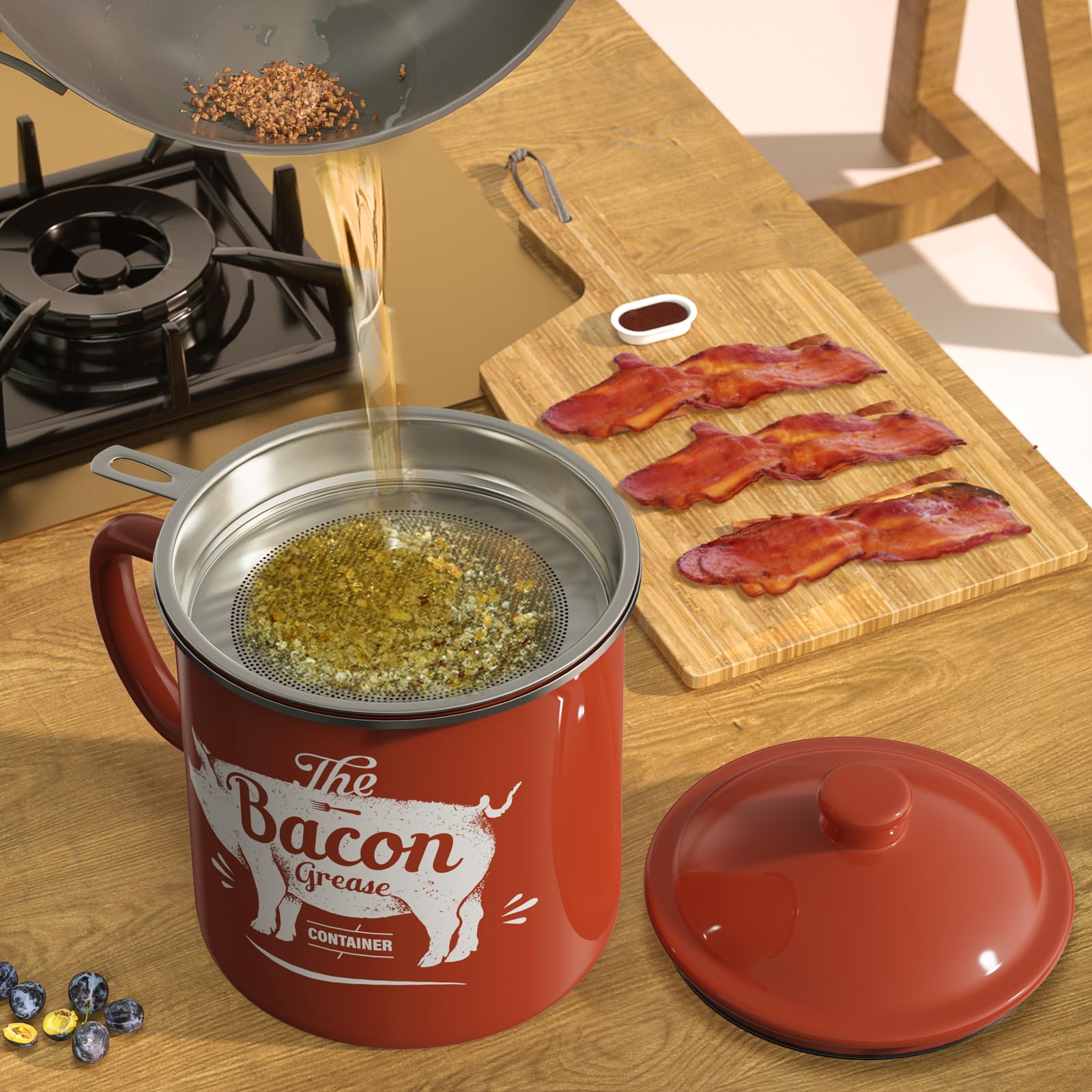 PGYARD Mini Bacon Grease Container With Strainer - 15OZ Enamel Grease Saver, Farmhouse Bacon Grease Keeper For Kitchen Fat Storage, Dishwasher Safe-Red