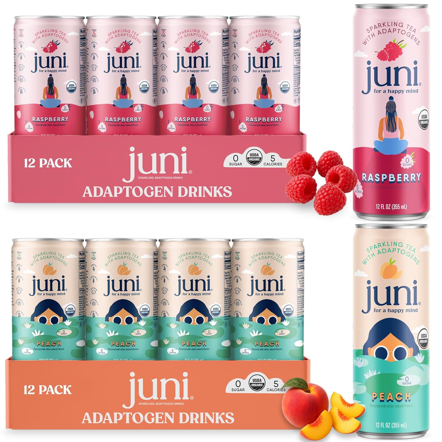 Juni Sparkling Adaptogen Drinks for Calm and Focus, Ashwagandha, Lion's Mane & Reishi Mushrooms, 30mg Green Tea Caffeine, Zero Sugar, Peach and Raspberry 24 Pack