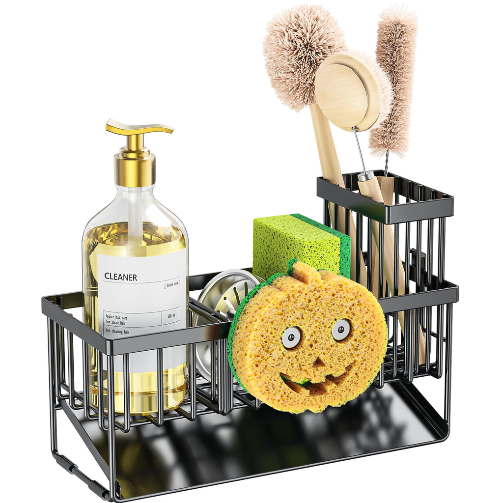 Cisily Sink Caddy Sponge Holder for Kitchen with Brush Holder and Stainless Steel Self Drain Tray, Rustproof Kitchen Sink Organizer for Sponge, Soap Dispenser Storage Accessories