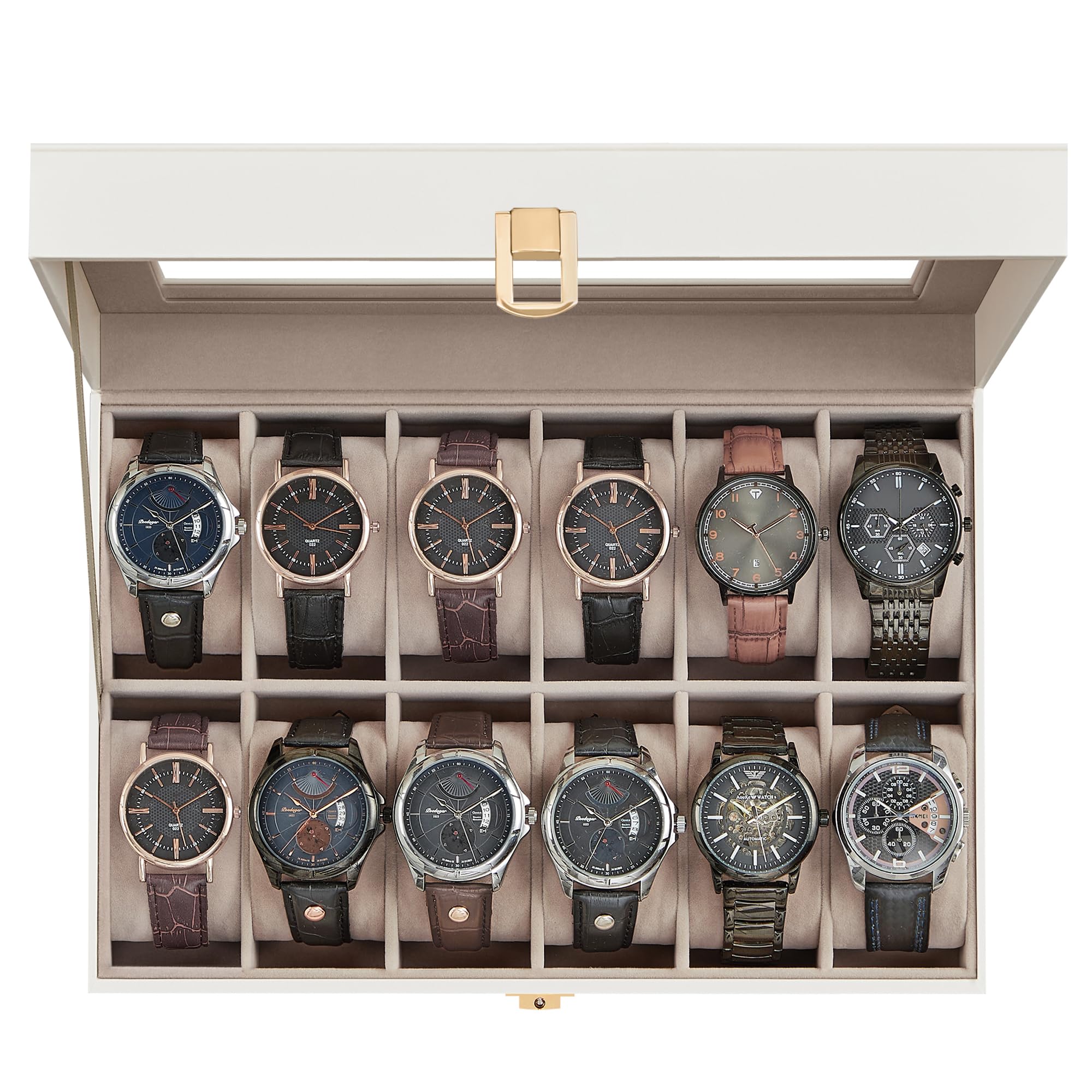 SONGMICS Watch Box, 12-Slot Watch Case Organizer with Large Glass Lid, Removable Pillows, Gift for Loved Ones, Black Synthetic Leather, Gray Lining UJWB12BK