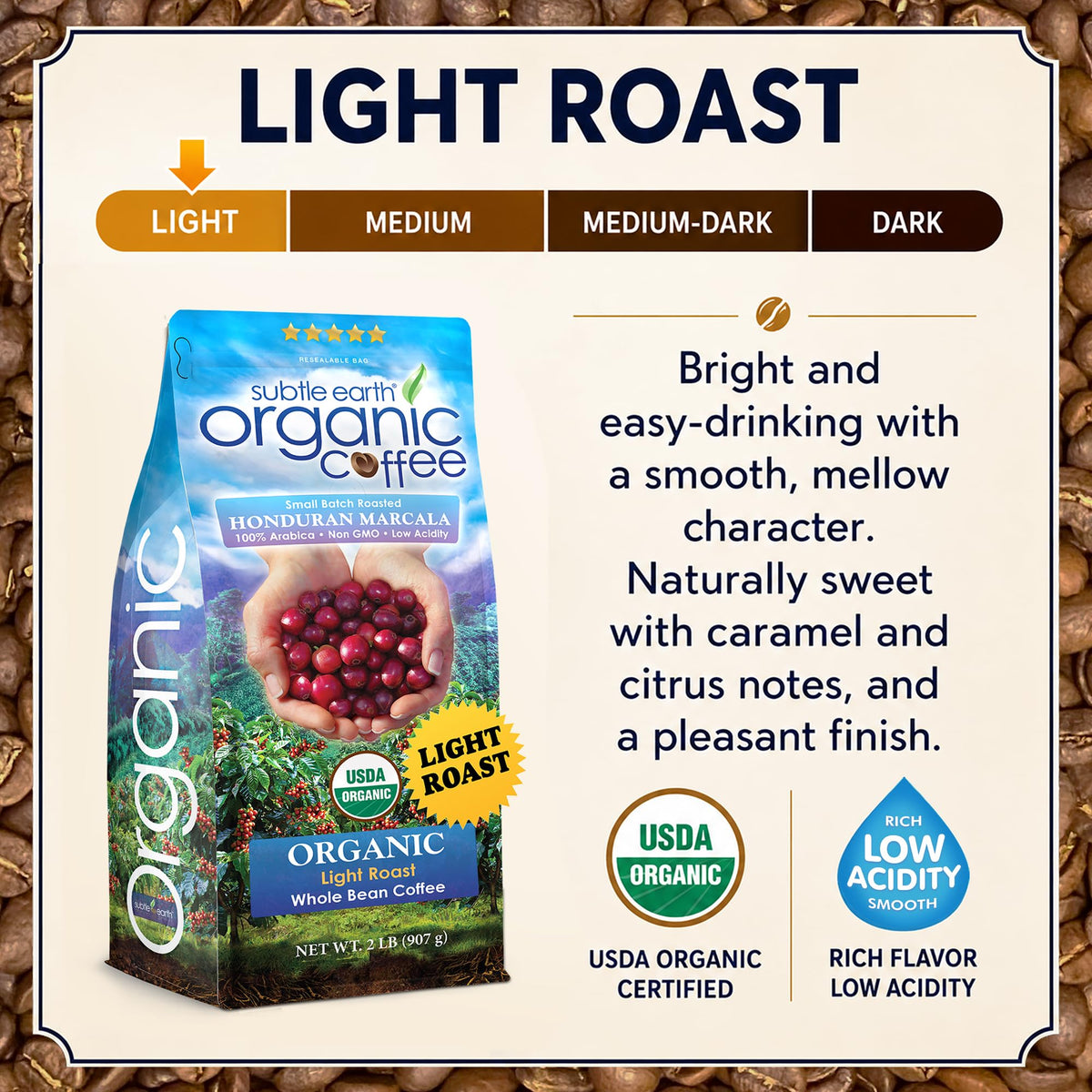 2LB Subtle Earth Organic Coffee - Dark Roast - Whole Bean Coffee - 100% Arabica Beans - Low Acidity and Non-GMO - 2lb bag