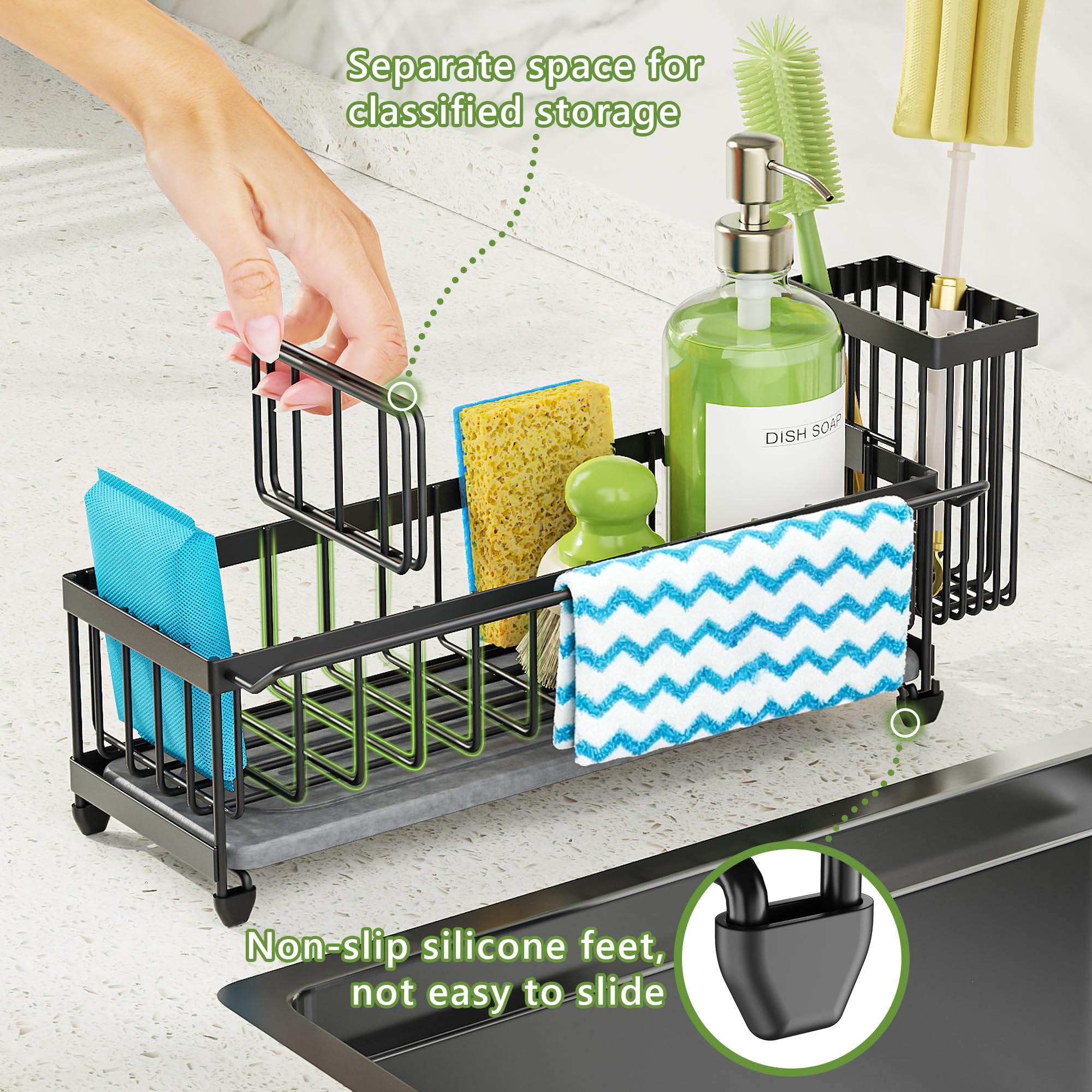 Cisily Extra Large Sink Caddy Organizer with Drying Stone, Black Sponge Holder for Kitchen, Dish Brush Holder for Countertop, Kitchen Decor Storage and Essentials