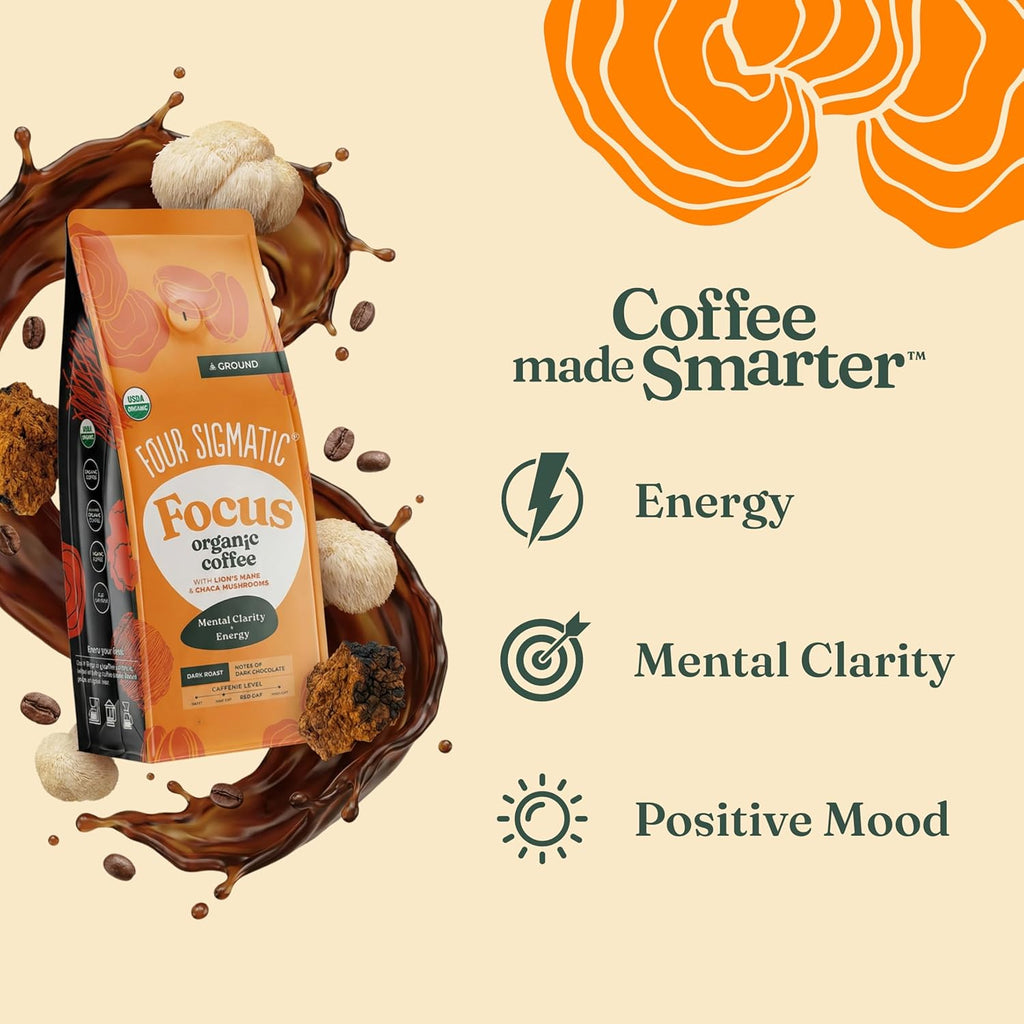 FOUR SIGMATIC Organic Focus Mushroom Ground Coffee, 12 OZ