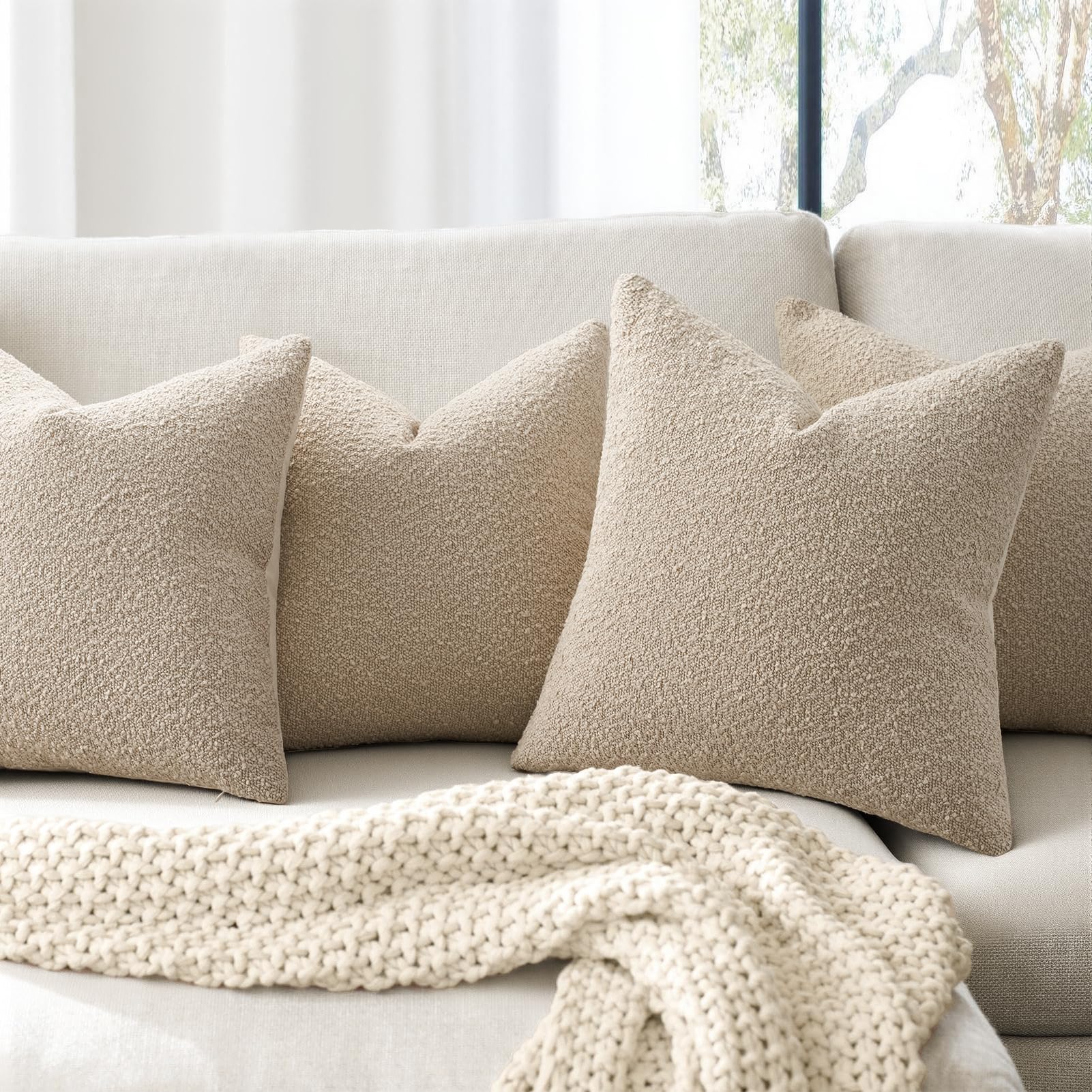Topfinel Boucle Decorative Pillow Covers 18x18 Inches Set of 4 Neutral Cream Ivory White Pillowcase with Linen Cotton Back Chair Sofa Modern & Minimal Living Room Spring Home Decor