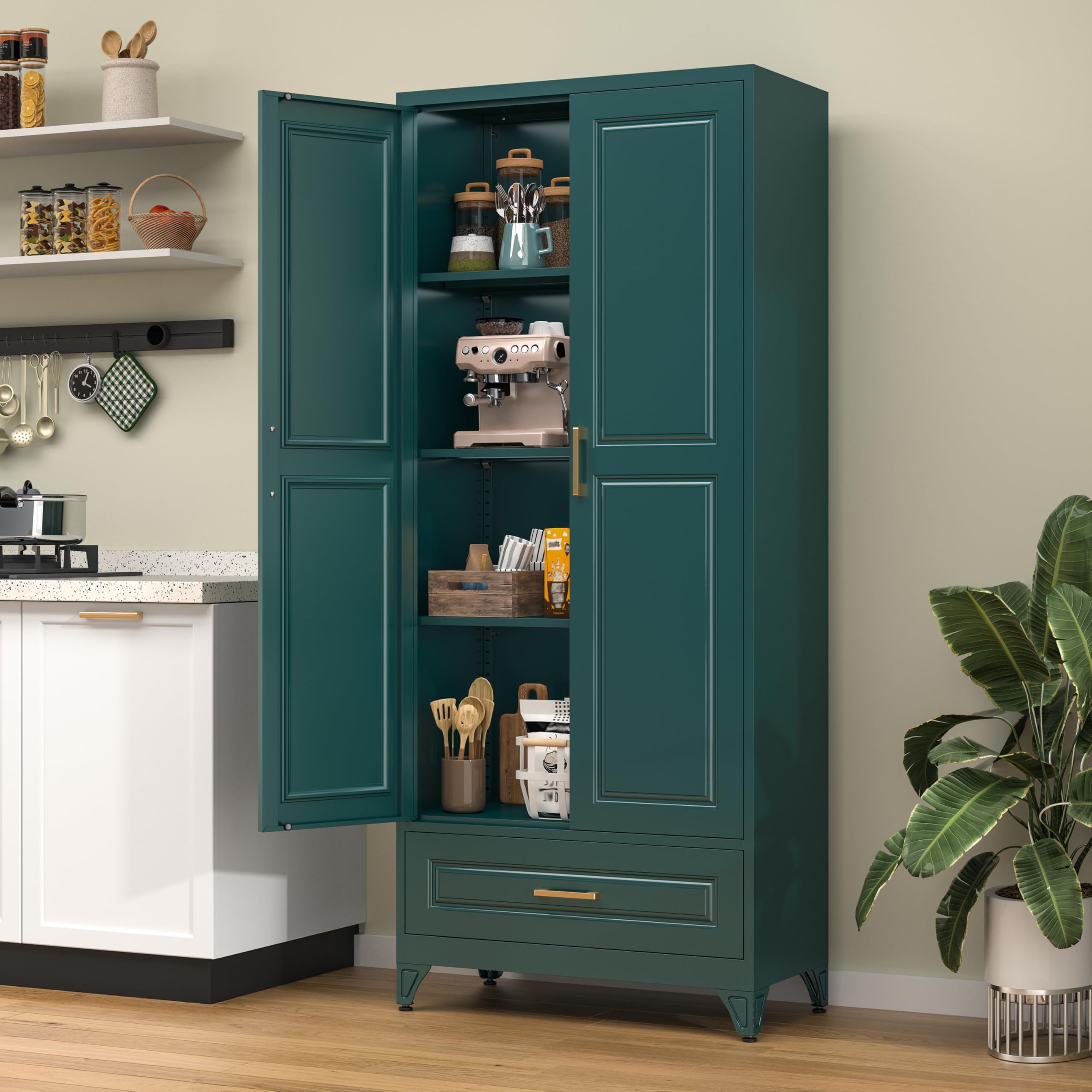 75" Tall Metal Kitchen Storage Cabinet,White Kitchen Pantry Storage Cabinet with Doors and 4 Adjustable Shelves,Utility Cabinet for Living Room,Garage,Dining Room and Office,Assemble Required