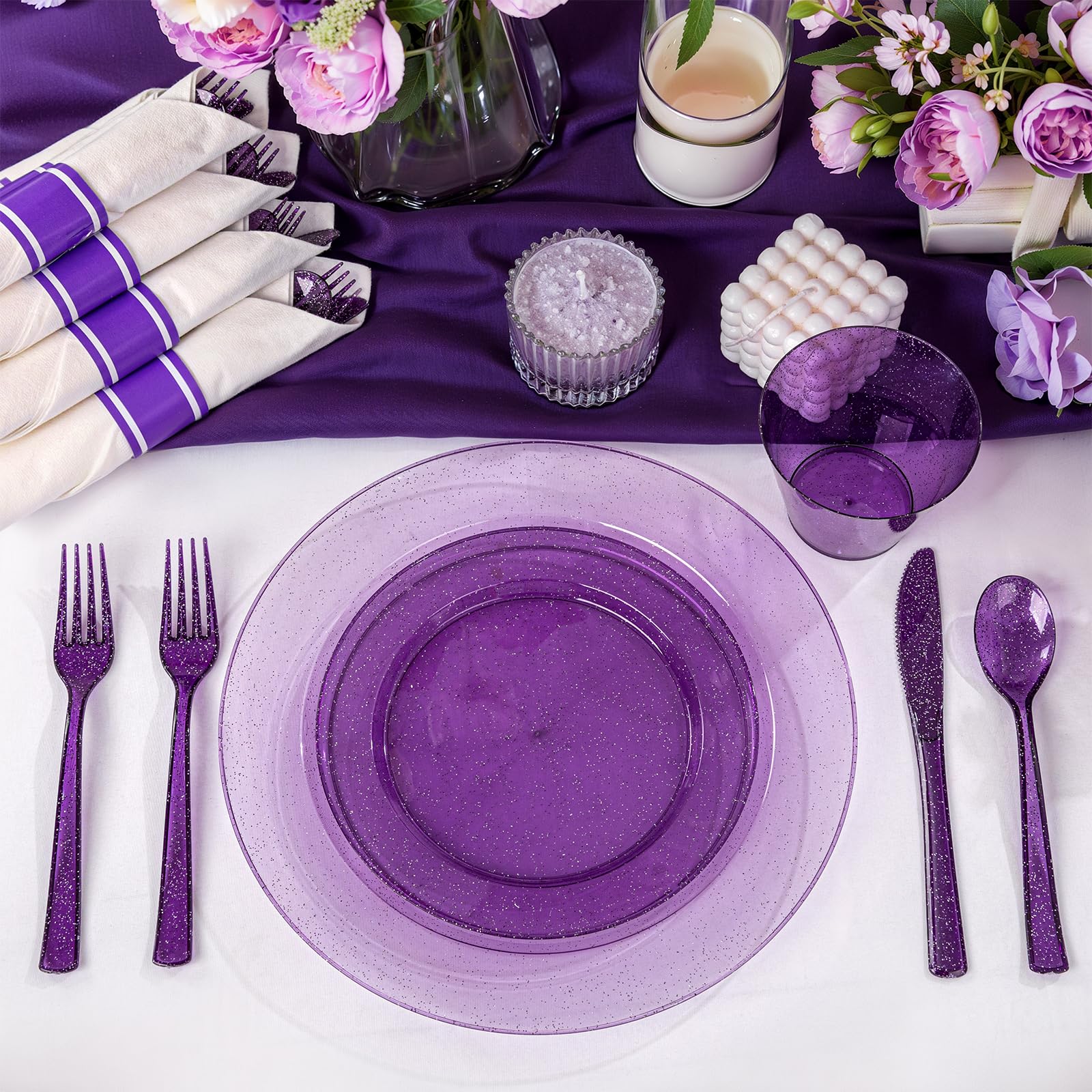 DaYammi 350PCS Gold Plastic Dinnerware Set for 50 Guests, Fancy Disposable Plates for Party, Include: 50 Dinner Plates, 50 Dessert Plates, 50 Pre Rolled Napkins with Gold Silverware, 50 Cups