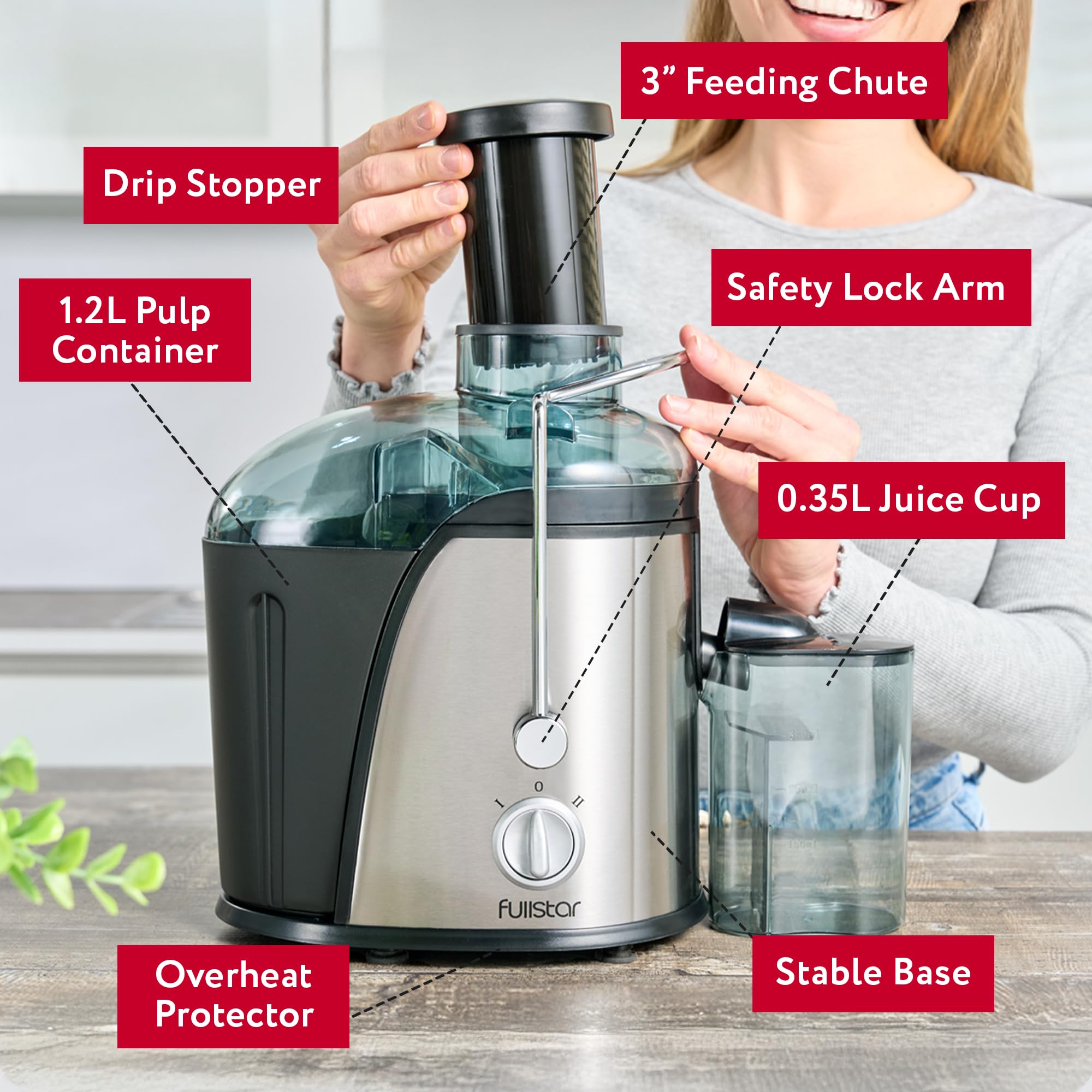 Fullstar Juicer Machines Vegetable and Fruit, 400W Compact Juicer, 3" Wide Mouth, 2-Speed Setting, Stainless Steel, BPA-Free (Black)