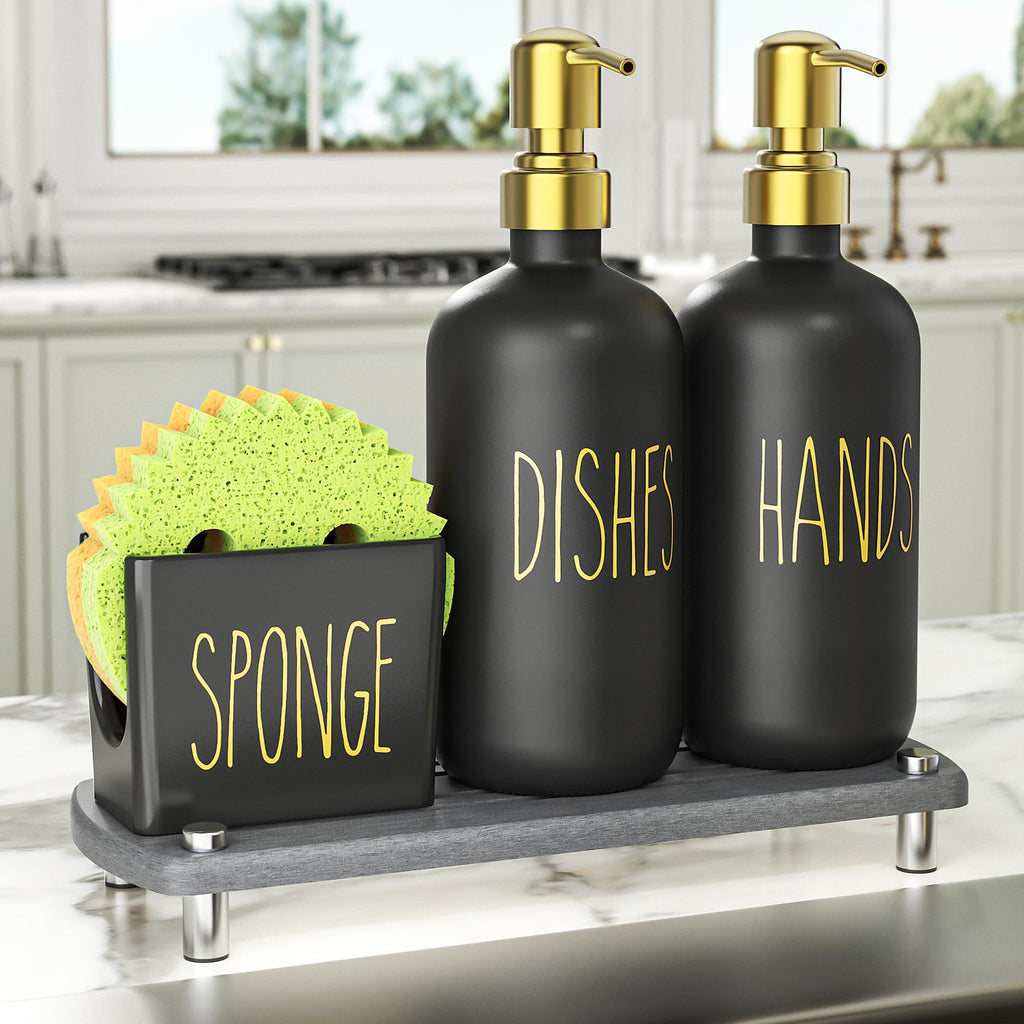 Cisily Kitchen Soap Dispenser Set Comes with Ceramics Sponge Holder, Gold Pumps, and Instant Dry Tray, Hand and Dish Soap Dispenser Set (4, Gold + White + Sponge Holder)