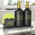 Cisily Kitchen Soap Dispenser Set Comes with Ceramics Sponge Holder, Gold Pumps, and Instant Dry Tray, Hand and Dish Soap Dispenser Set (4, Gold + White + Sponge Holder)