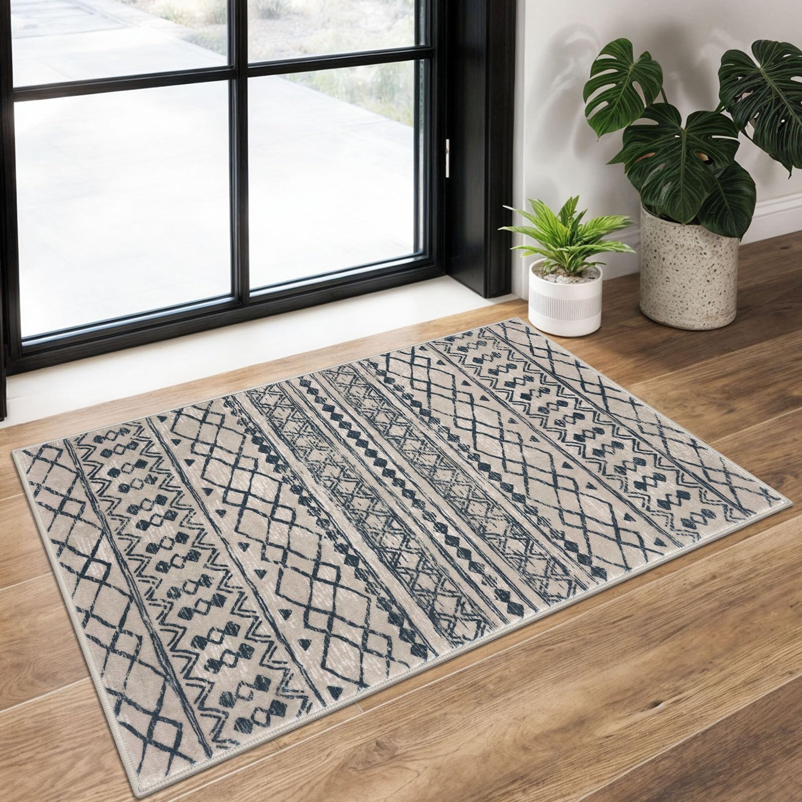 KUTA Washable Non-Slip Rugs for Entryway 2x3, Grey Moroccan Boho Small Area Rug, Ultra Soft Vintage Geometric Low-Pile Indoor Door Mat Floor Carpet for Indoor, Entrance, Kitchen, Bathroom, Bedroom